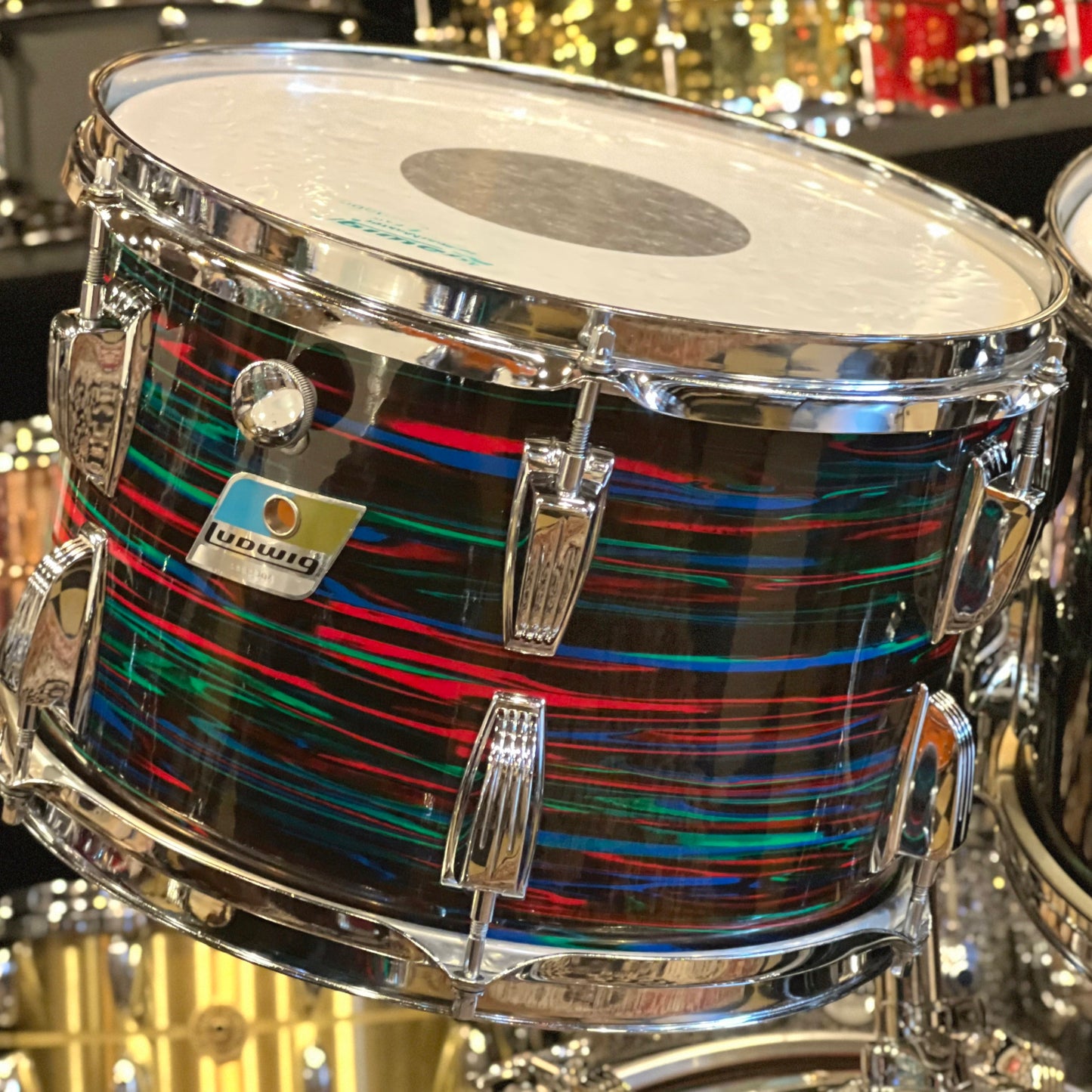 VINTAGE 1970 EXCELLENT Ludwig Blue & Olive Badge Hollywood Outfit In Psychedelic Red - 14x22, 8x12, 9x13, 16x16