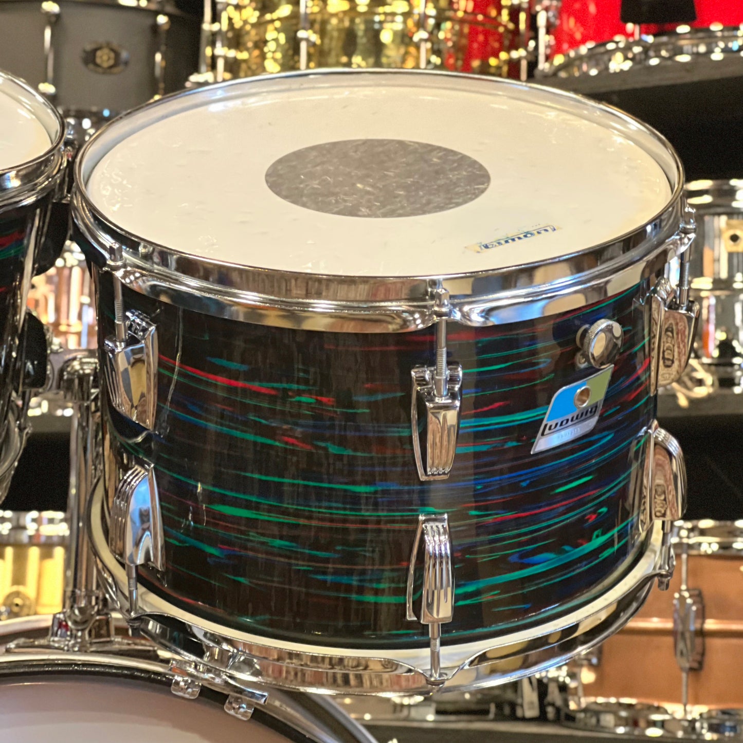 VINTAGE 1970 EXCELLENT Ludwig Blue & Olive Badge Hollywood Outfit In Psychedelic Red - 14x22, 8x12, 9x13, 16x16
