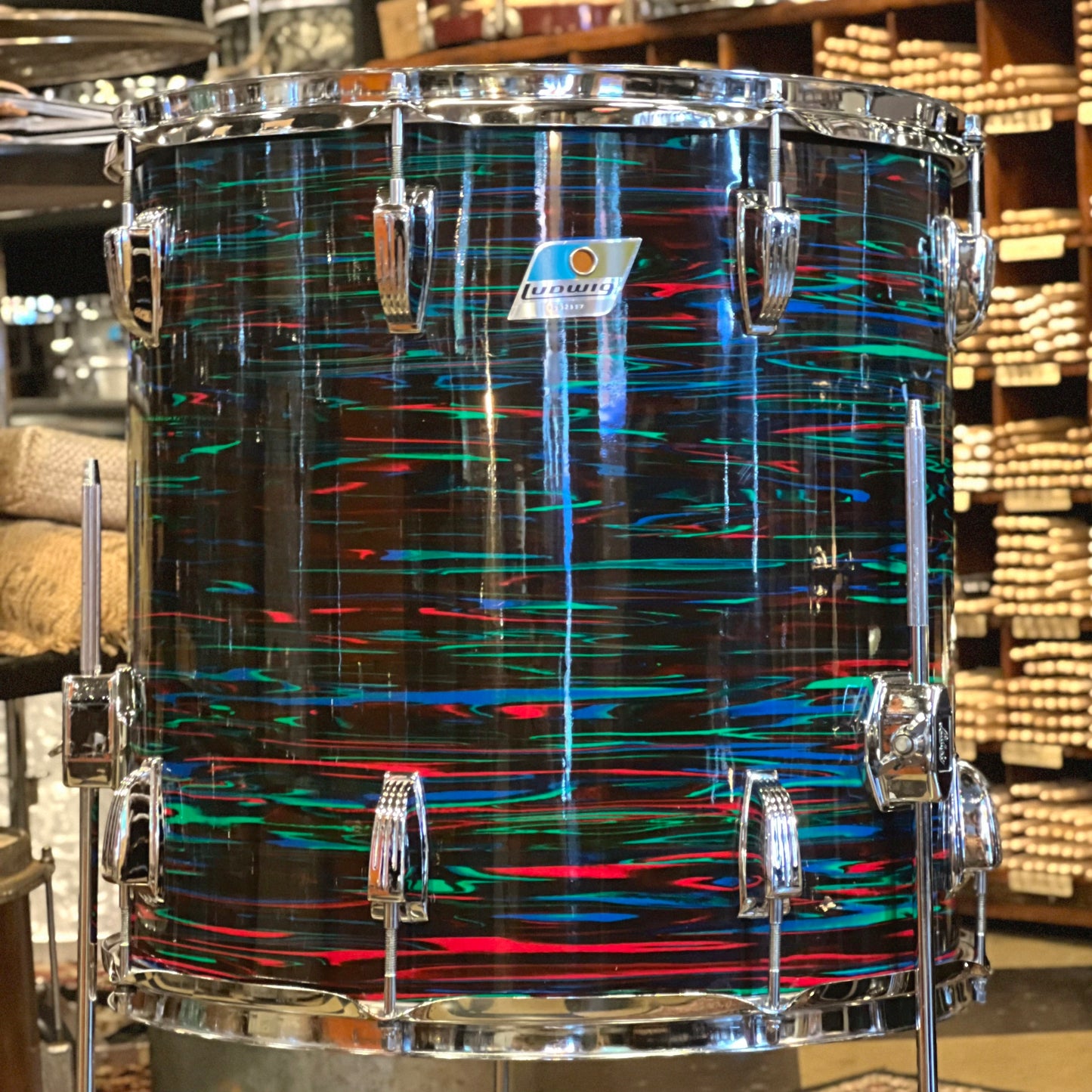 VINTAGE 1970 EXCELLENT Ludwig Blue & Olive Badge Hollywood Outfit In Psychedelic Red - 14x22, 8x12, 9x13, 16x16