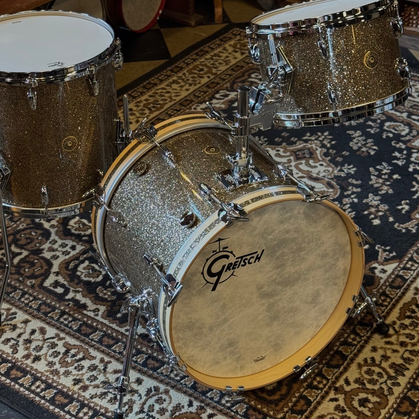 NEW Gretsch USA Custom in Ginger Glass Glitter w/ Satin Natural Bass Drum Hoops - 14x18, 8x12, 14x14