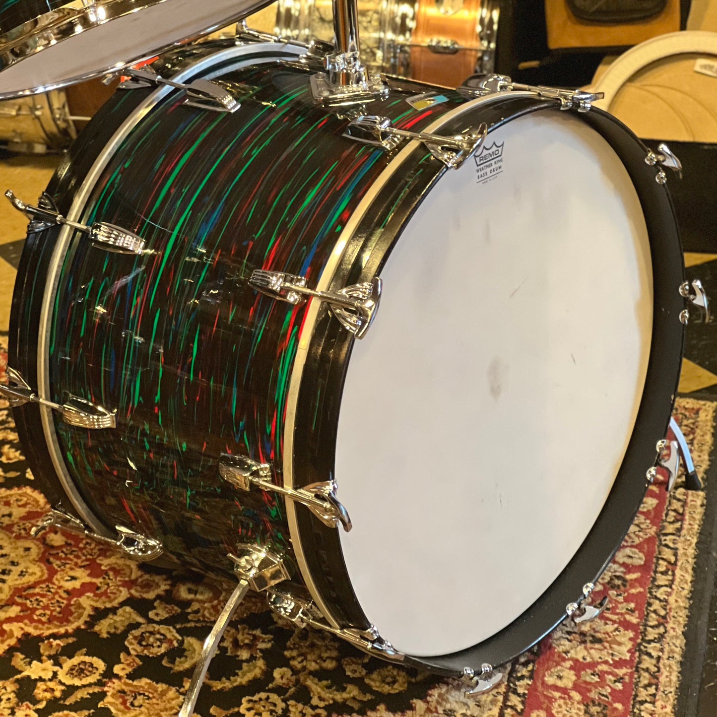 VINTAGE 1970 EXCELLENT Ludwig Blue & Olive Badge Hollywood Outfit In Psychedelic Red - 14x22, 8x12, 9x13, 16x16