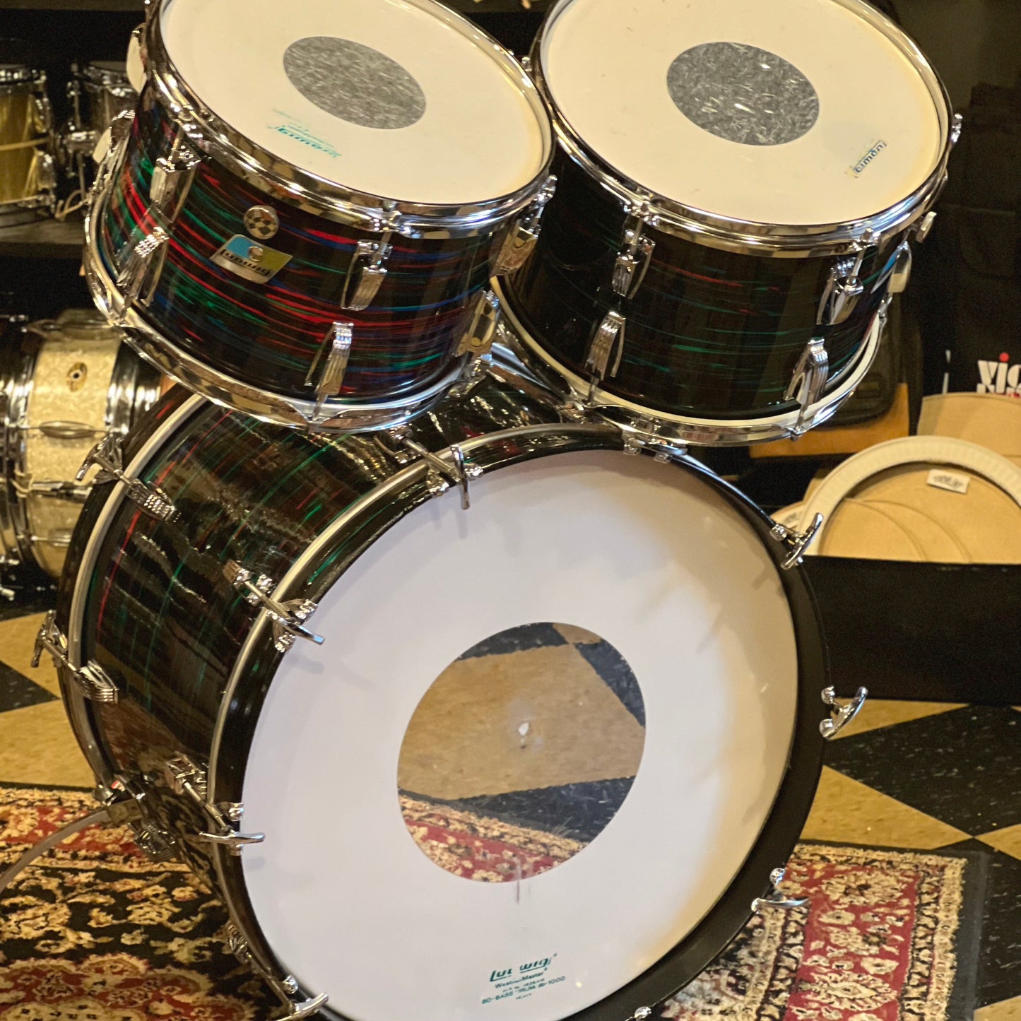 VINTAGE 1970 EXCELLENT Ludwig Blue & Olive Badge Hollywood Outfit In Psychedelic Red - 14x22, 8x12, 9x13, 16x16