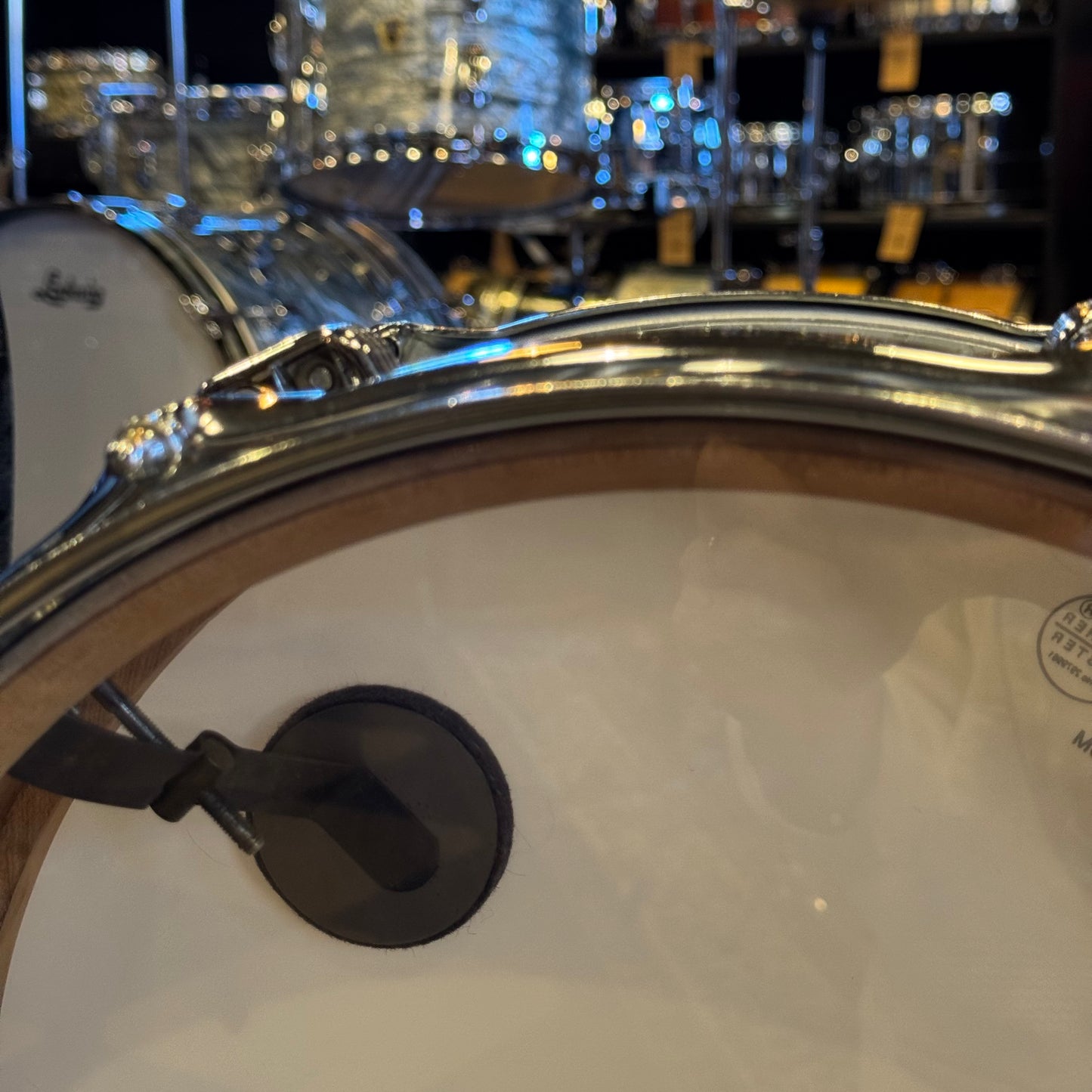 VINTAGE 1950's Ludwig 4x14 Transition Badge Downbeat Snare Drum in Sky Blue Pearl