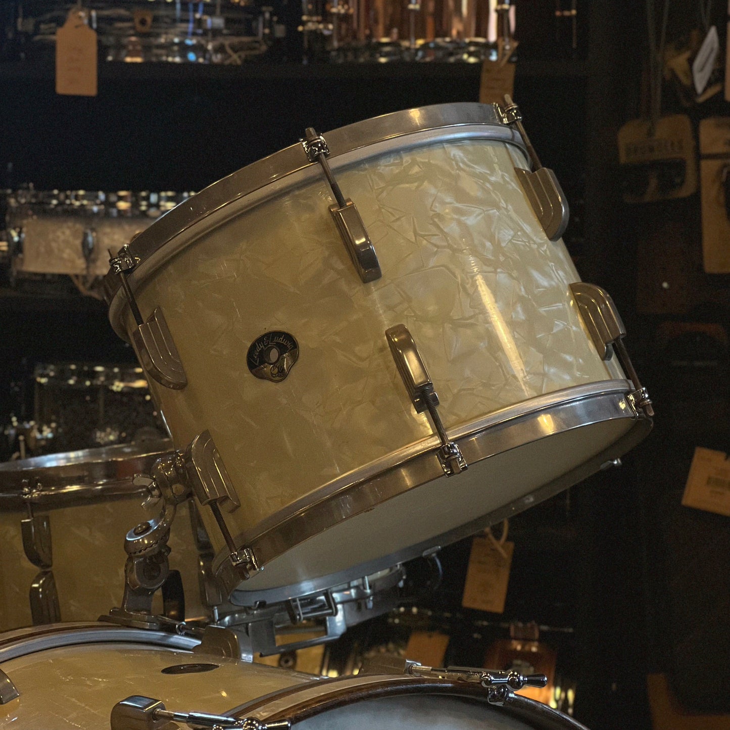 VINTAGE 1950's Leedy & Ludwig Drum Set in White Marine Pearl - 14x24, 9x13, 16x16, w/ 5.5x14 Snare
