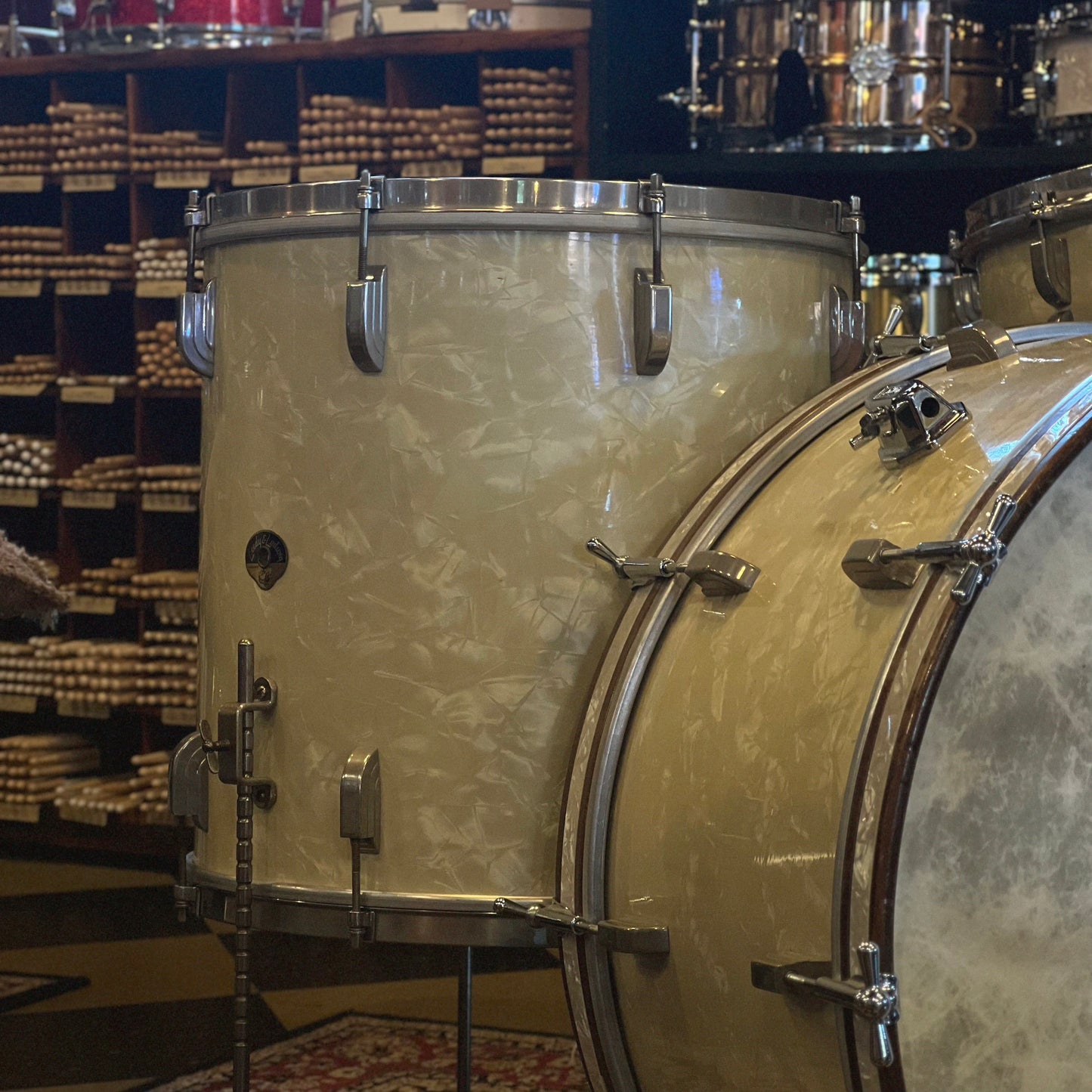 VINTAGE 1950's Leedy & Ludwig Drum Set in White Marine Pearl - 14x24, 9x13, 16x16, w/ 5.5x14 Snare