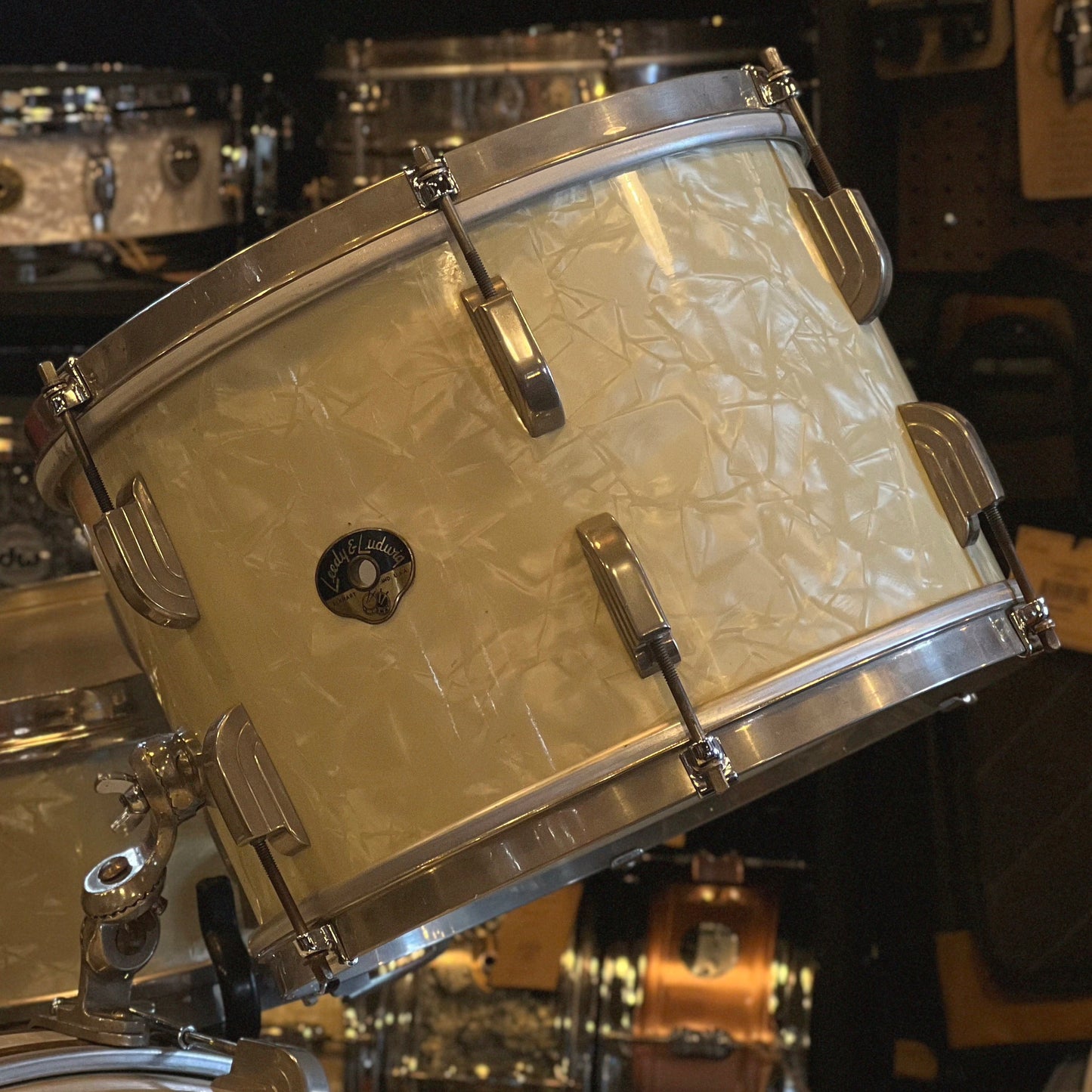 VINTAGE 1950's Leedy & Ludwig Drum Set in White Marine Pearl - 14x24, 9x13, 16x16, w/ 5.5x14 Snare