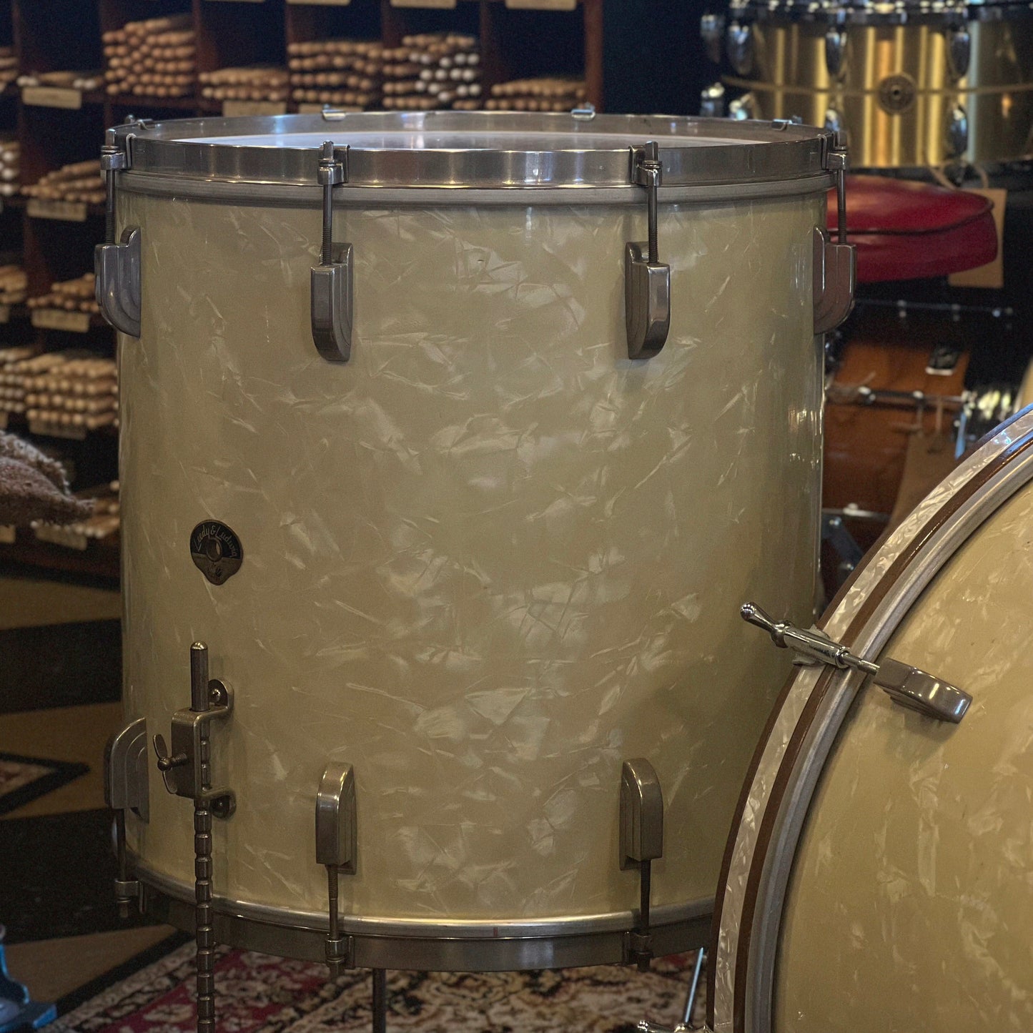 VINTAGE 1950's Leedy & Ludwig Drum Set in White Marine Pearl - 14x24, 9x13, 16x16, w/ 5.5x14 Snare