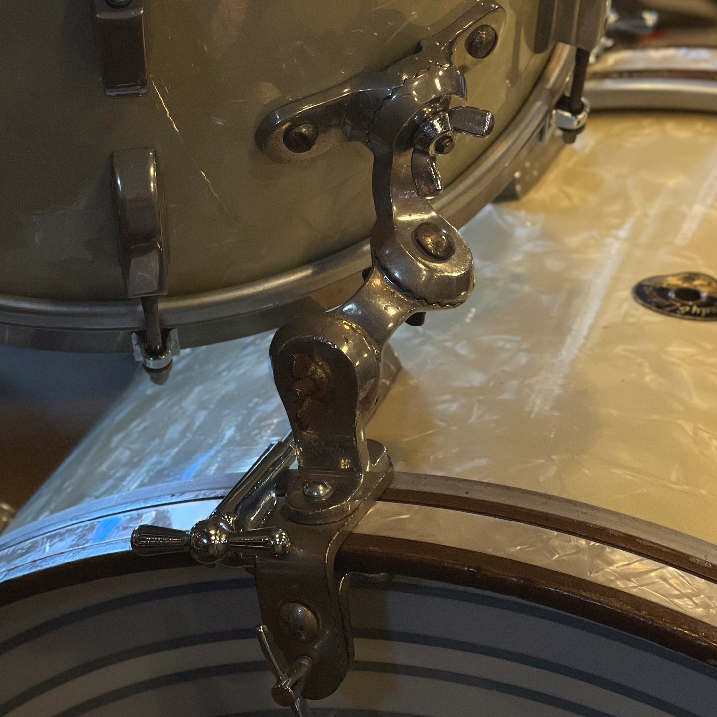 VINTAGE 1950's Leedy & Ludwig Drum Set in White Marine Pearl - 14x24, 9x13, 16x16, w/ 5.5x14 Snare