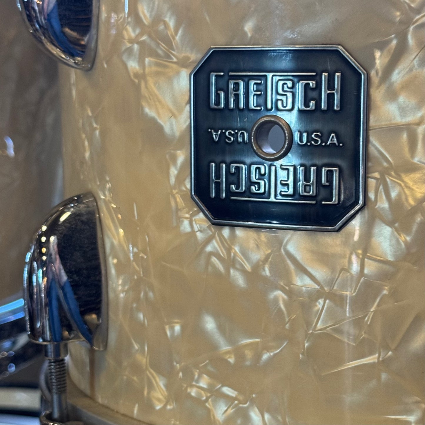 USED 1990's Gretsch USA Square Badge Drum Set in White Marine Pearl - 14x20, 8x10, 8x12, 14x14, 16x16