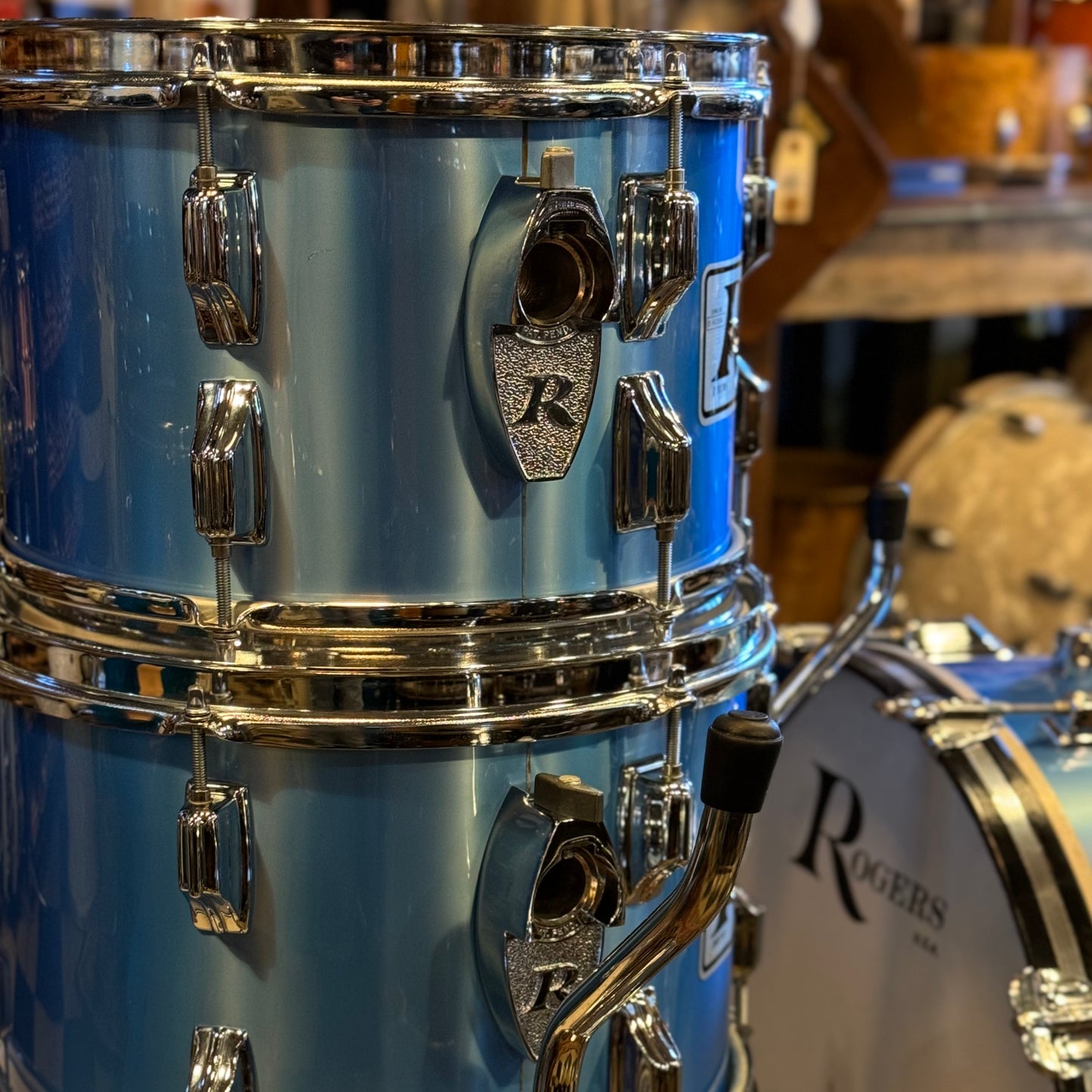 VINTAGE 1970's Rogers Big R Drum Set in Blue Mist - 14x22, 8x12, 9x13, 16x16