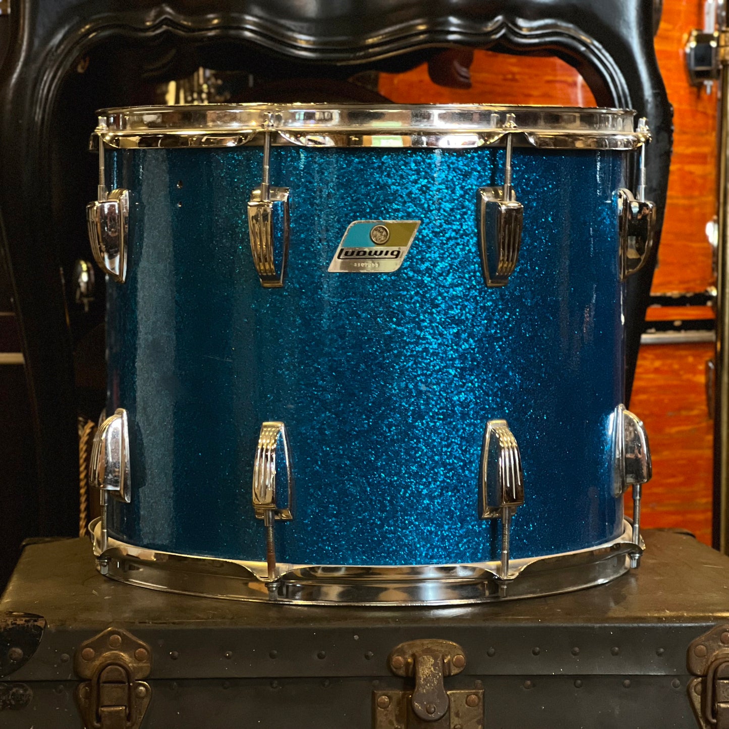 VINTAGE 1970's Ludwig Blue & Olive Badge 11x15 Blue Sparkle Tom