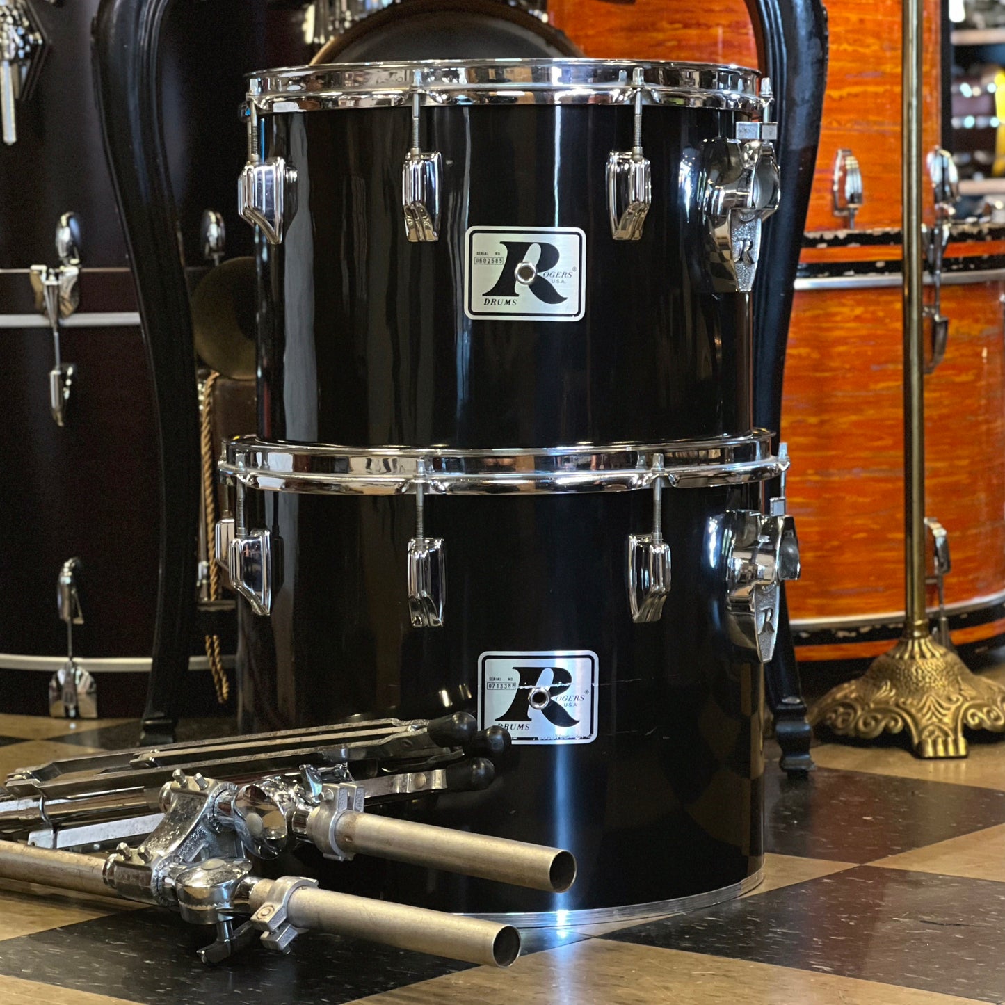 VINTAGE 1970's Roger's BIG R 14" and 15" Concert Toms in Black Nitron