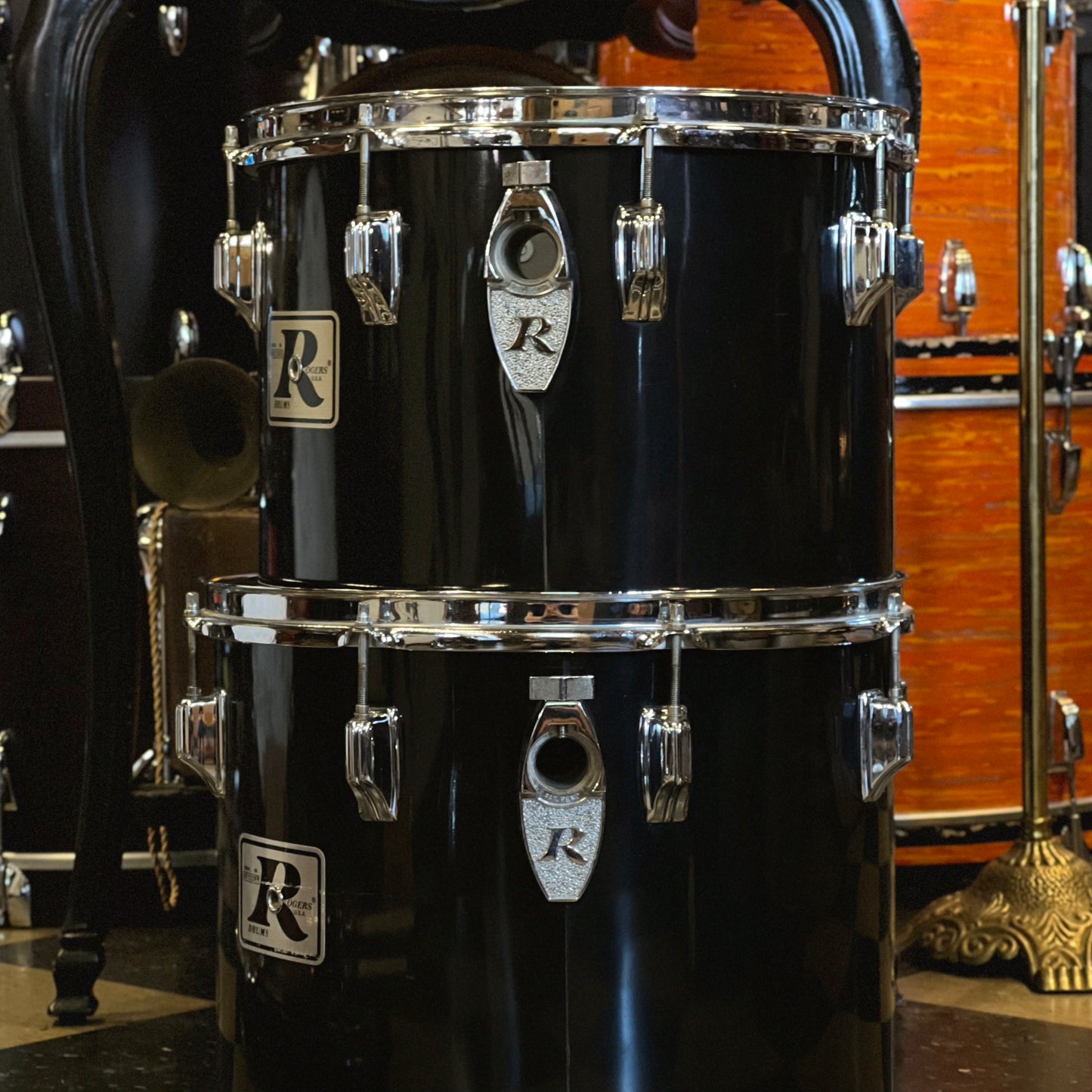VINTAGE 1970's Roger's BIG R 14" and 15" Concert Toms in Black Nitron