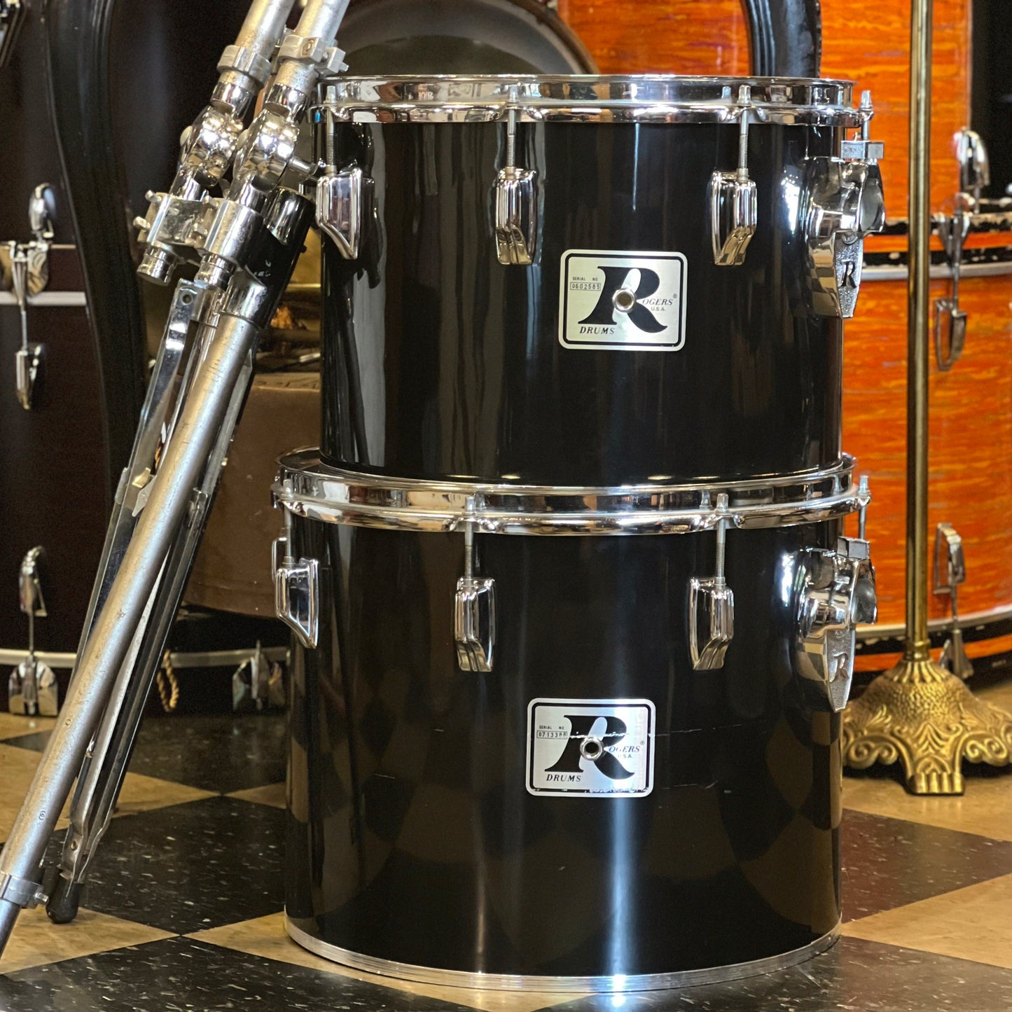 VINTAGE 1970's Roger's BIG R 14" and 15" Concert Toms in Black Nitron