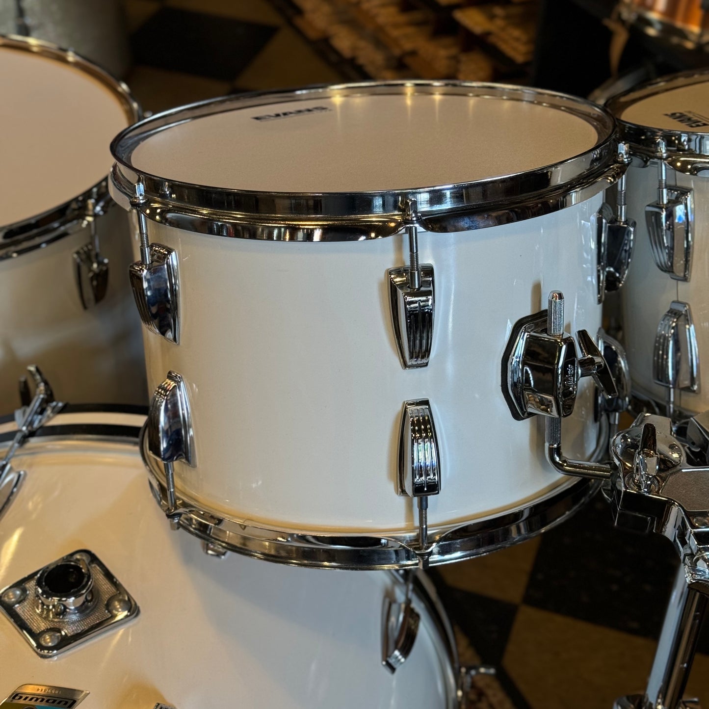 VINTAGE 1970's Ludwig Blue & Olive Badge "Hollywood" Outfit in White Cortex - 14x22, 8x12, 9x13, 16x16