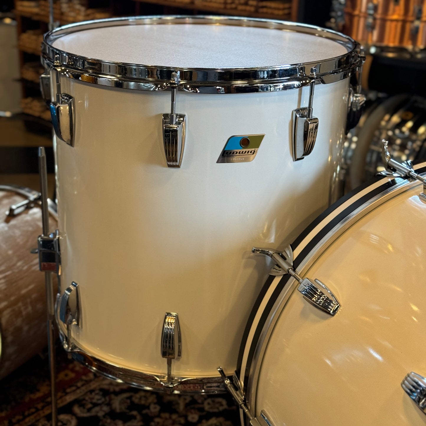 VINTAGE 1970's Ludwig Blue & Olive Badge "Hollywood" Outfit in White Cortex - 14x22, 8x12, 9x13, 16x16