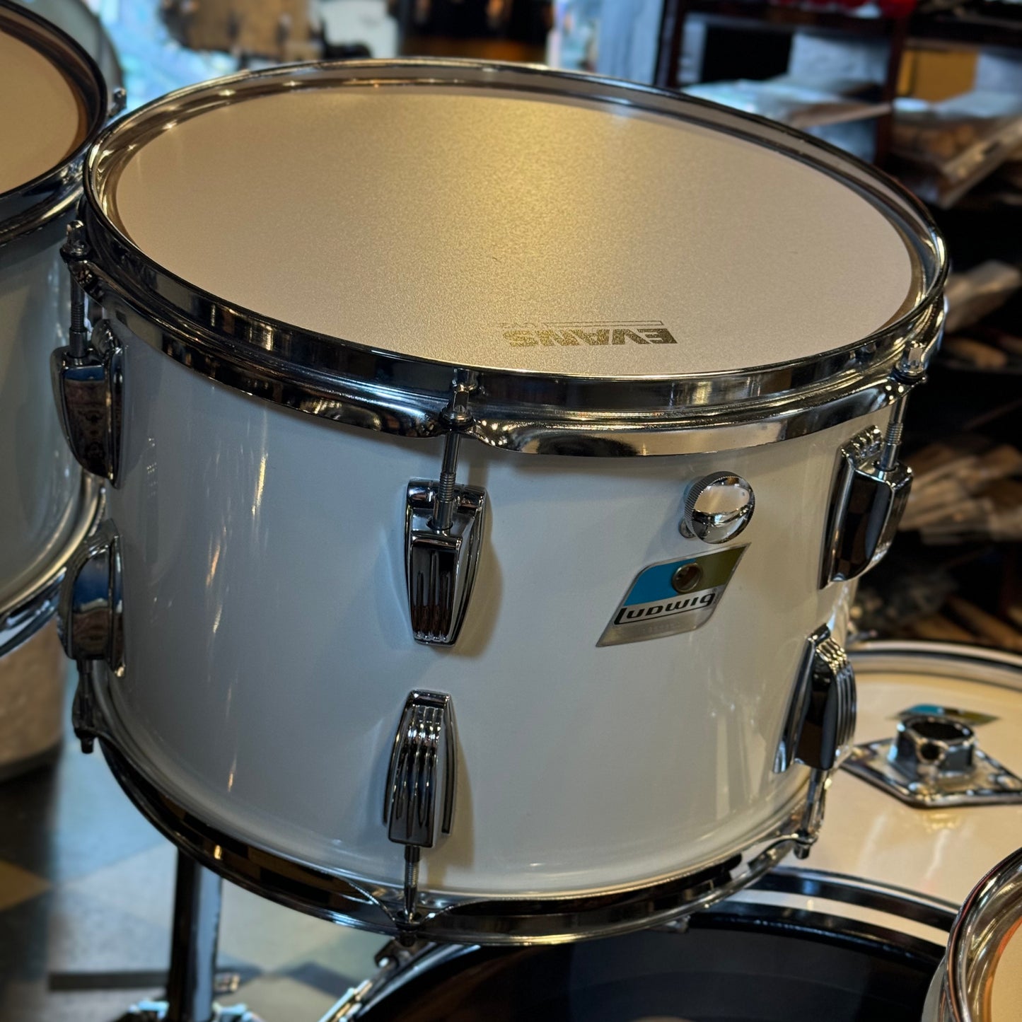 VINTAGE 1970's Ludwig Blue & Olive Badge "Hollywood" Outfit in White Cortex - 14x22, 8x12, 9x13, 16x16