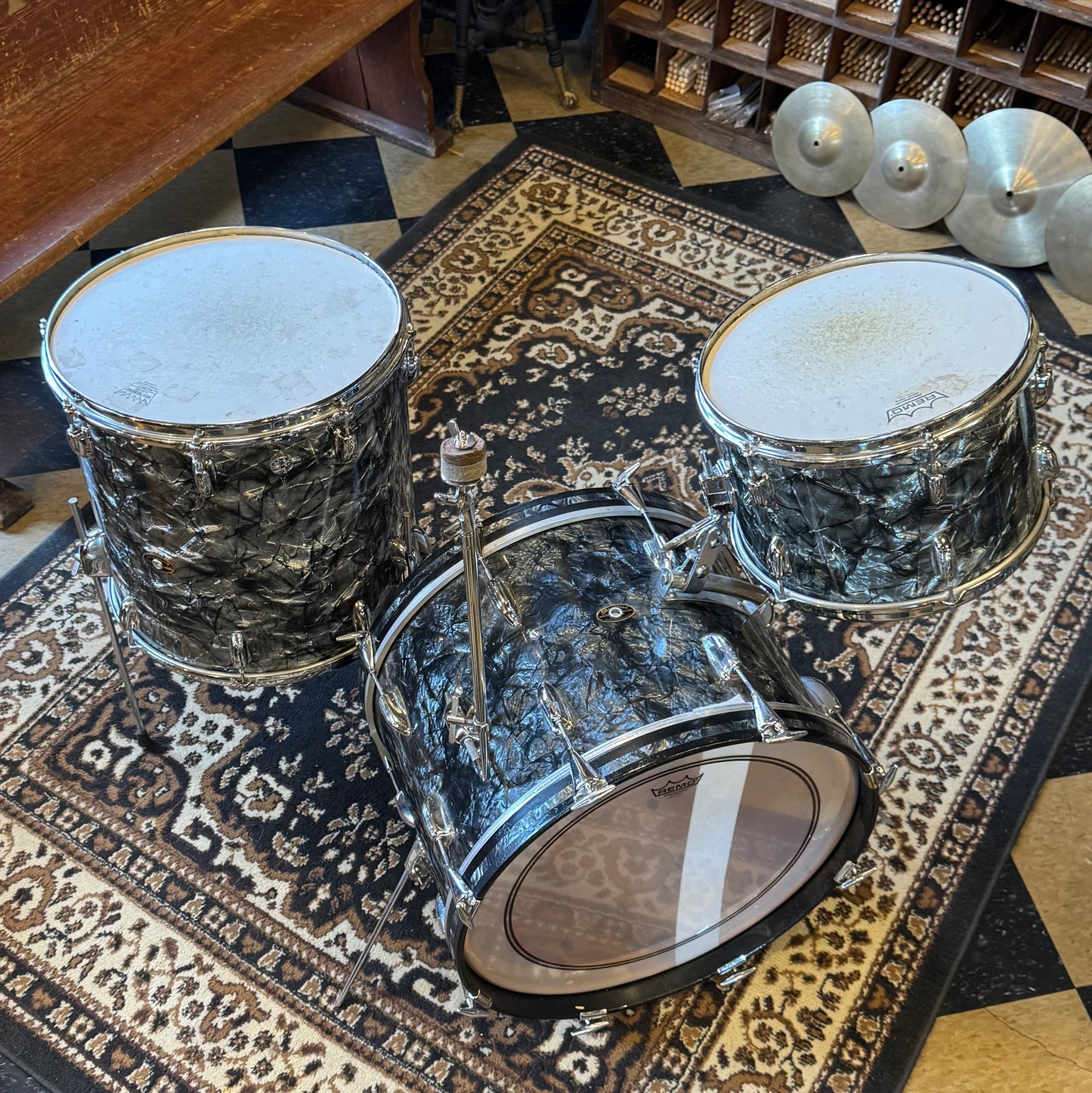 VINTAGE 1960's-70's Slingerland Mixed Era Drum Set in Black Diamond Pearl - 14x20, 9x13, 16x16