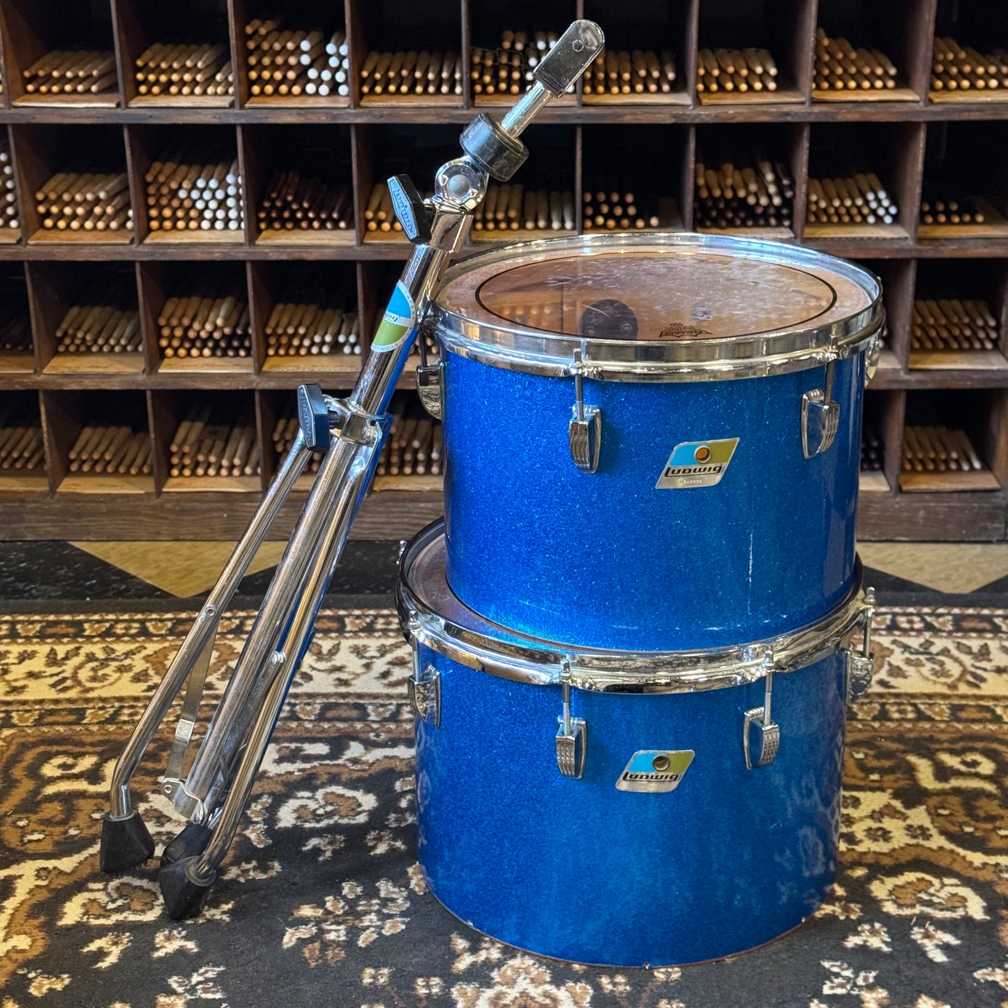 VINTAGE 1970's Ludwig Blue & Olive Badge Concert Toms in Blue Sparkle - 9x13 & 10x14