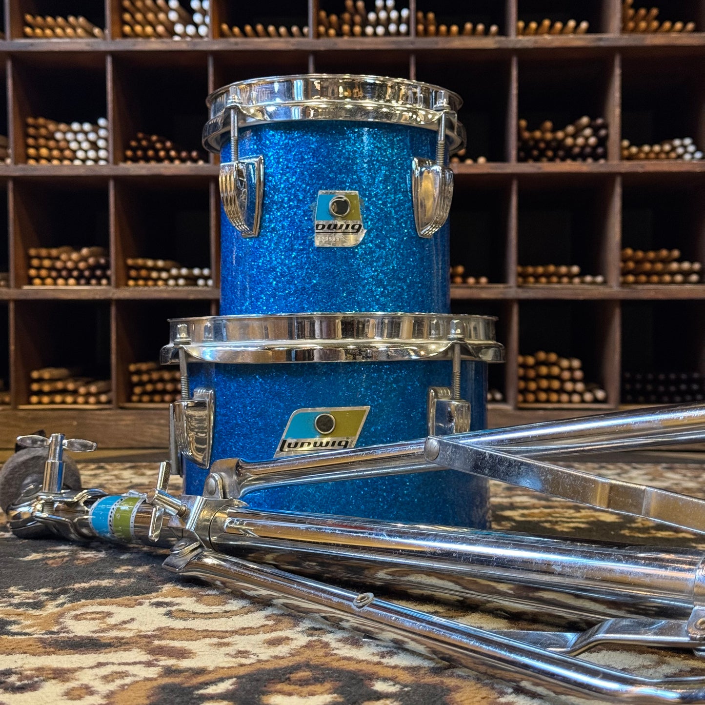 VINTAGE 1970's Ludwig Blue & Olive Badge Concert Toms in Blue Sparkle - 6" & 8"