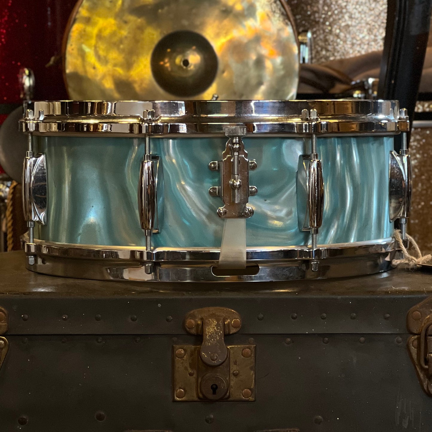 VINTAGE 1960's Gretsch 5.5x14 Round Badge Name Band Snare Drum in Satin Aqua Flame