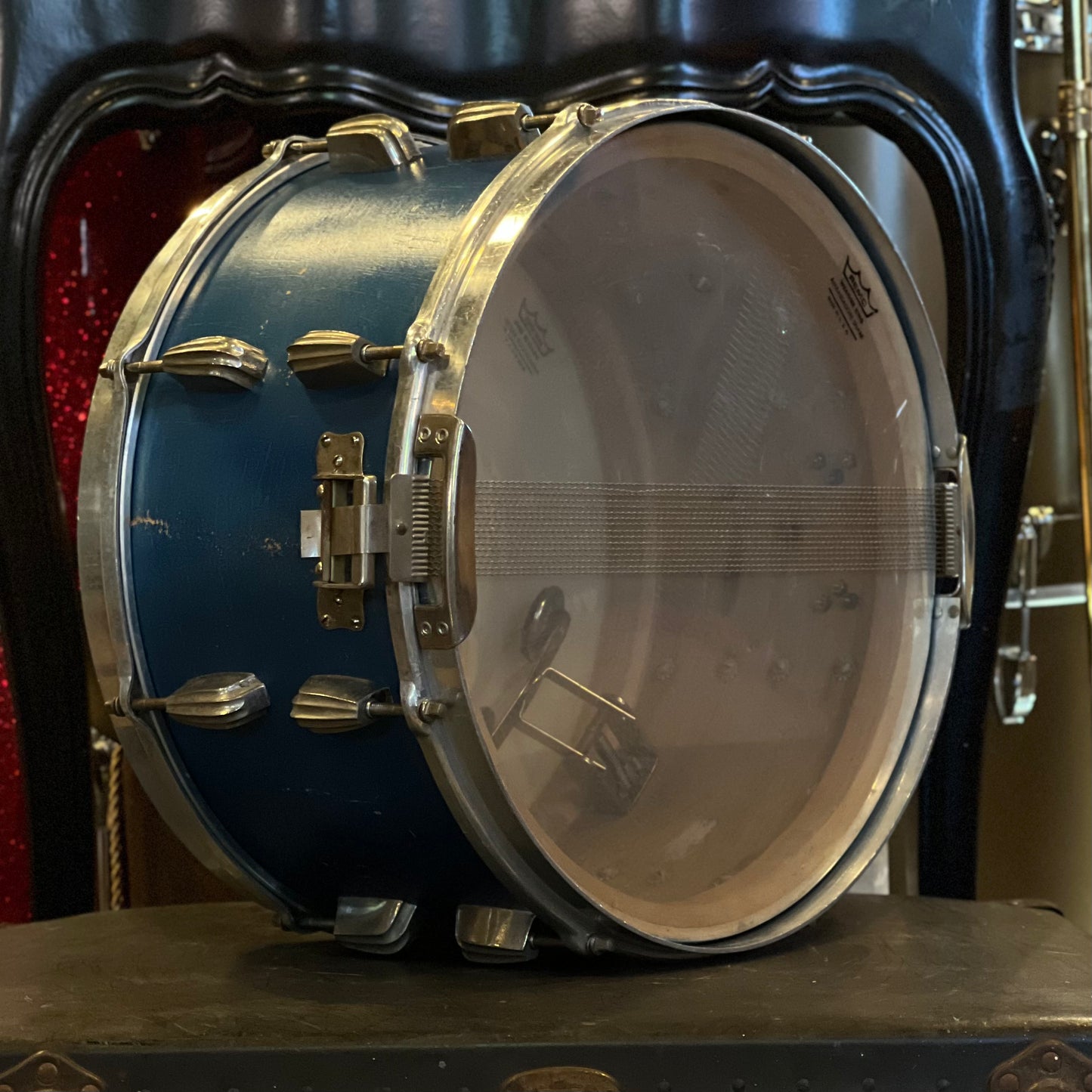 VINTAGE 1940's Slingerland 7.5x14 Cloud Badge Radio King Painted in Blue Matte with Aluminum Hoops