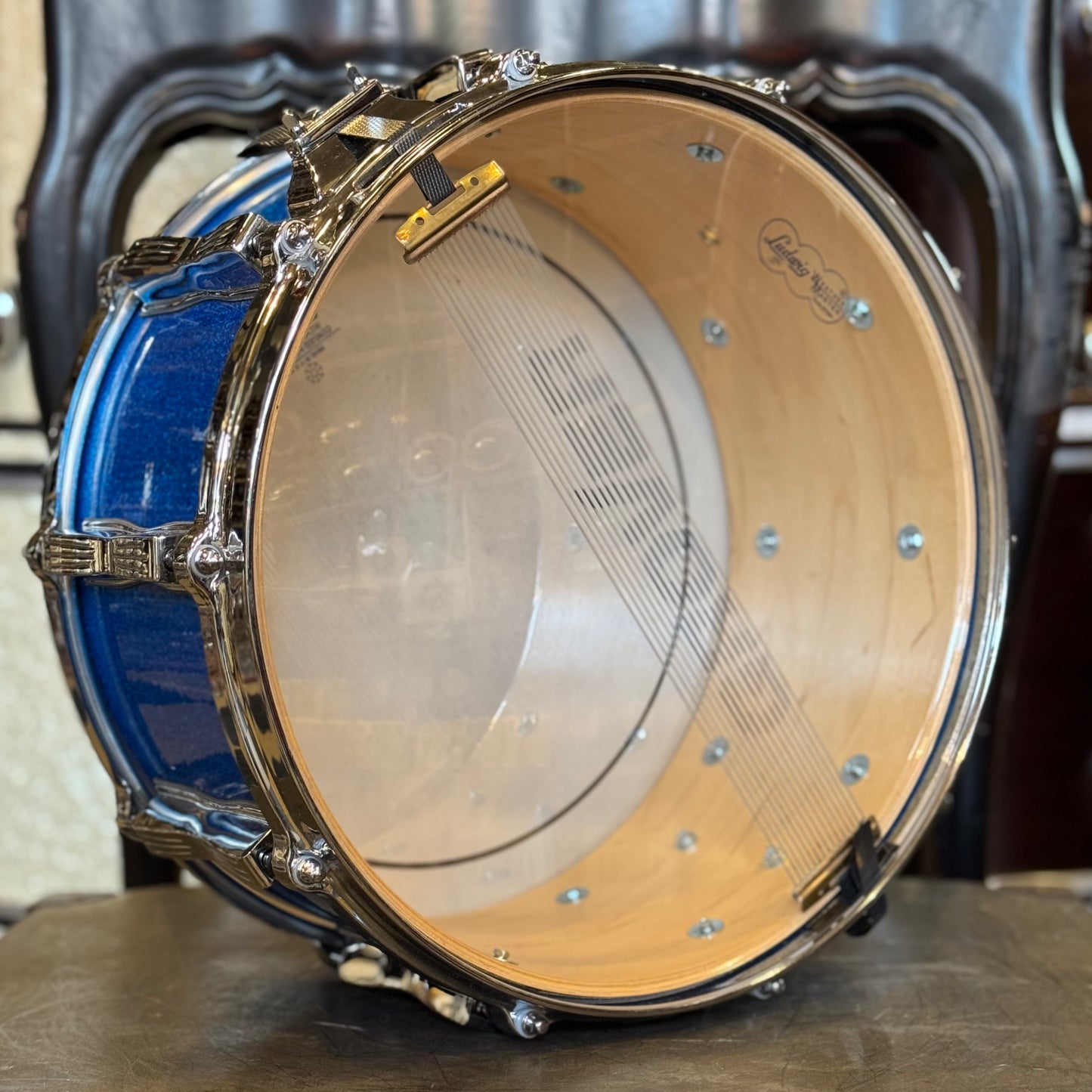 USED 90's Ludwig 6.5x14 Monroe Era Classic Maple Snare Drum in Blue Sparkle
