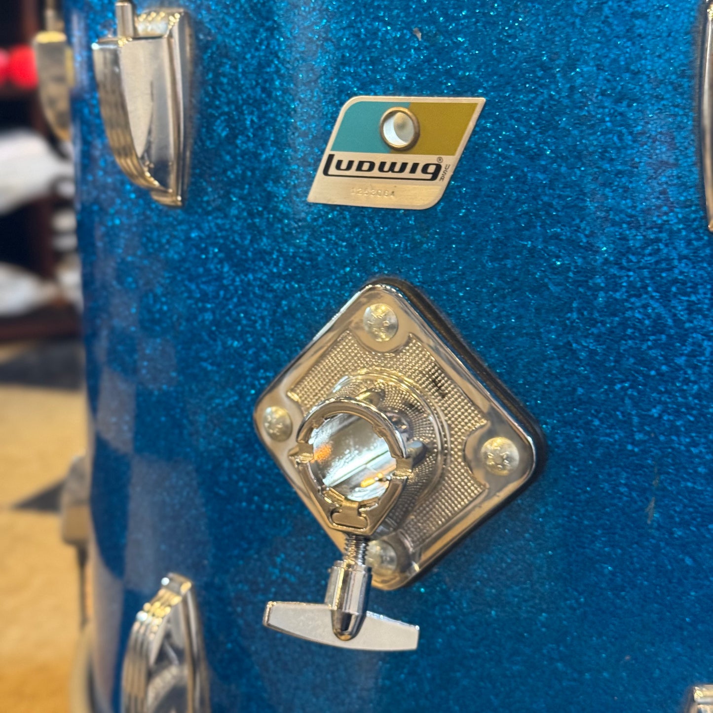 VINTAGE 1970's Ludwig 14x20" Blue & Olive Badge Bass Drum in Blue Sparkle
