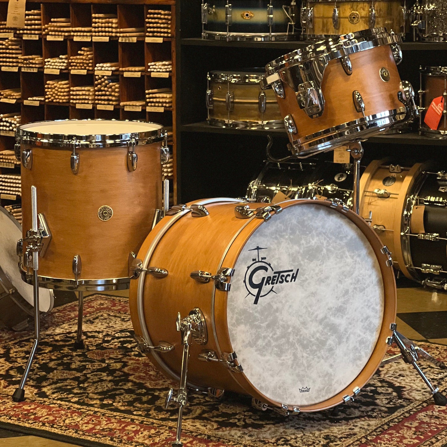 NEW Gretsch USA Custom Drum Set in Satin Classic Maple - 14x18. 8x12, 14x14