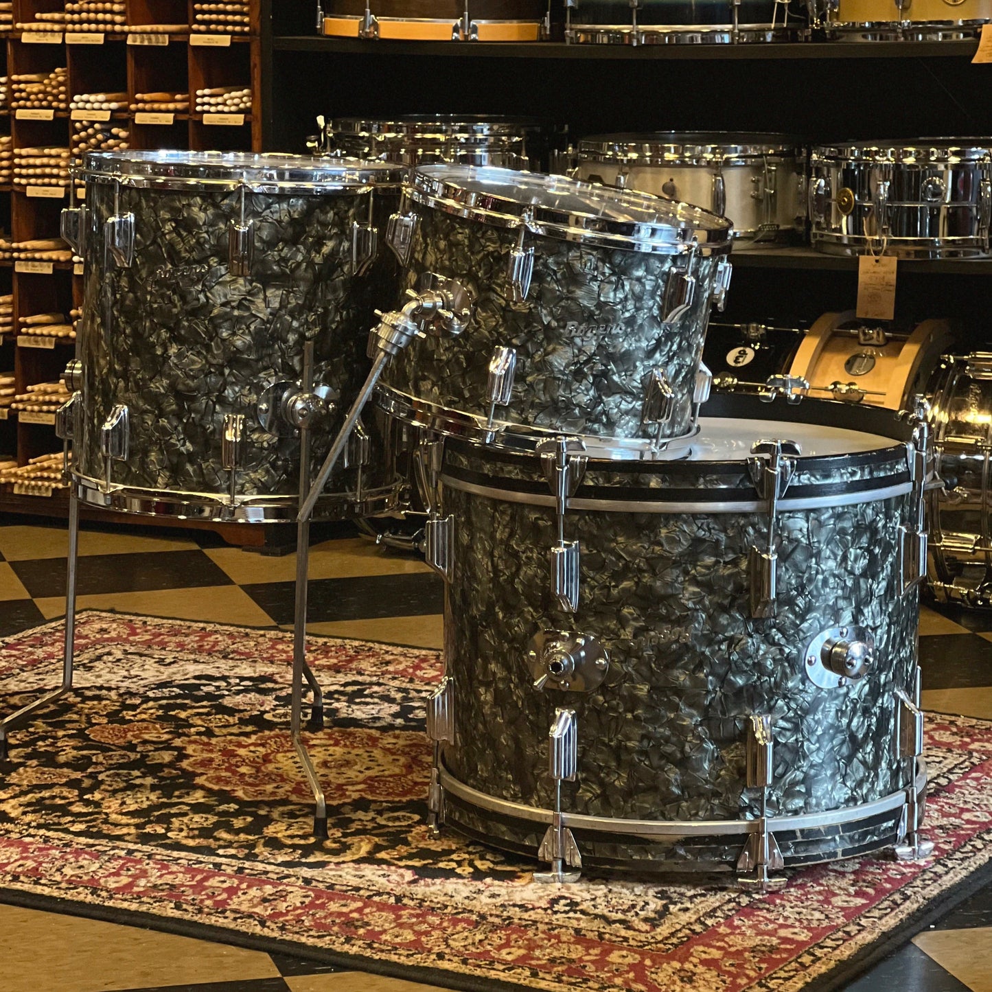 VINTAGE 1960's Rogers Dayton Era Drum Set in Black Diamond Pearl - 14x20, 9x13, 14x14