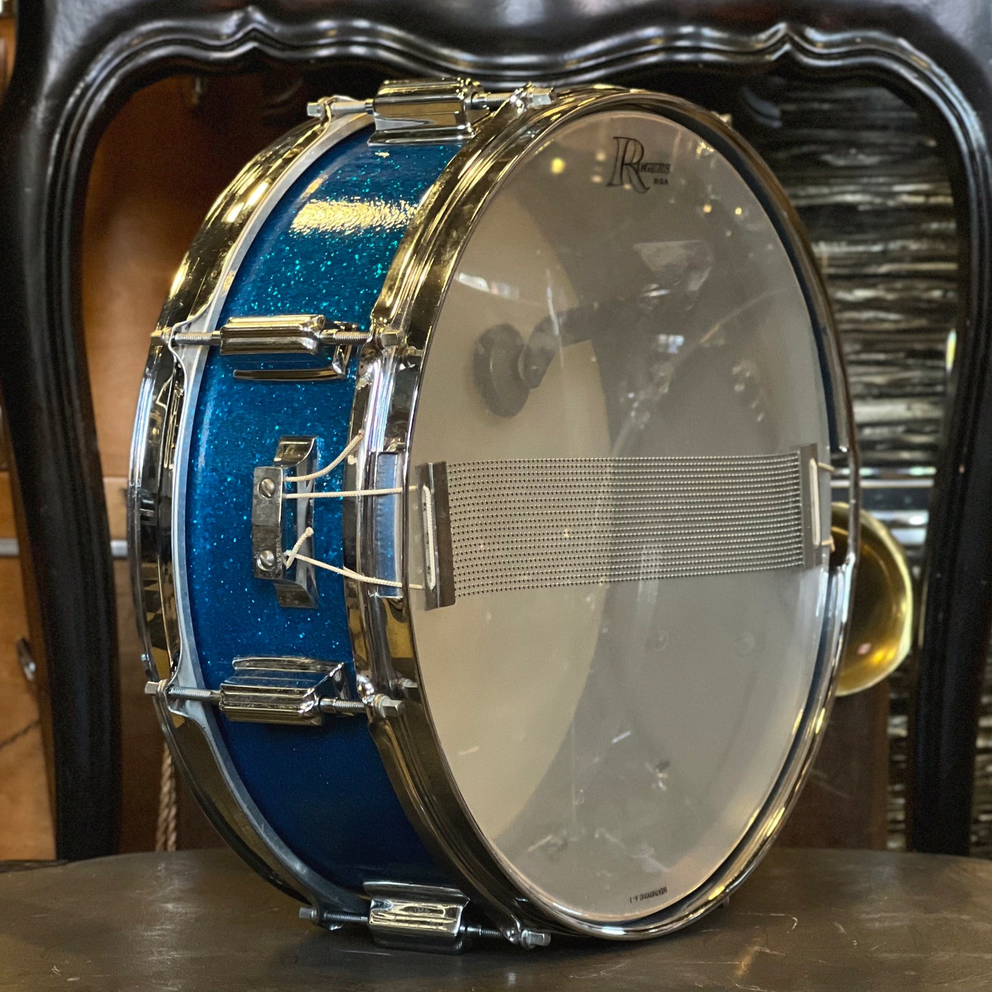 VINTAGE 1960's Rogers 5x14 Cleveland Era Powertone in Blue Sparkle