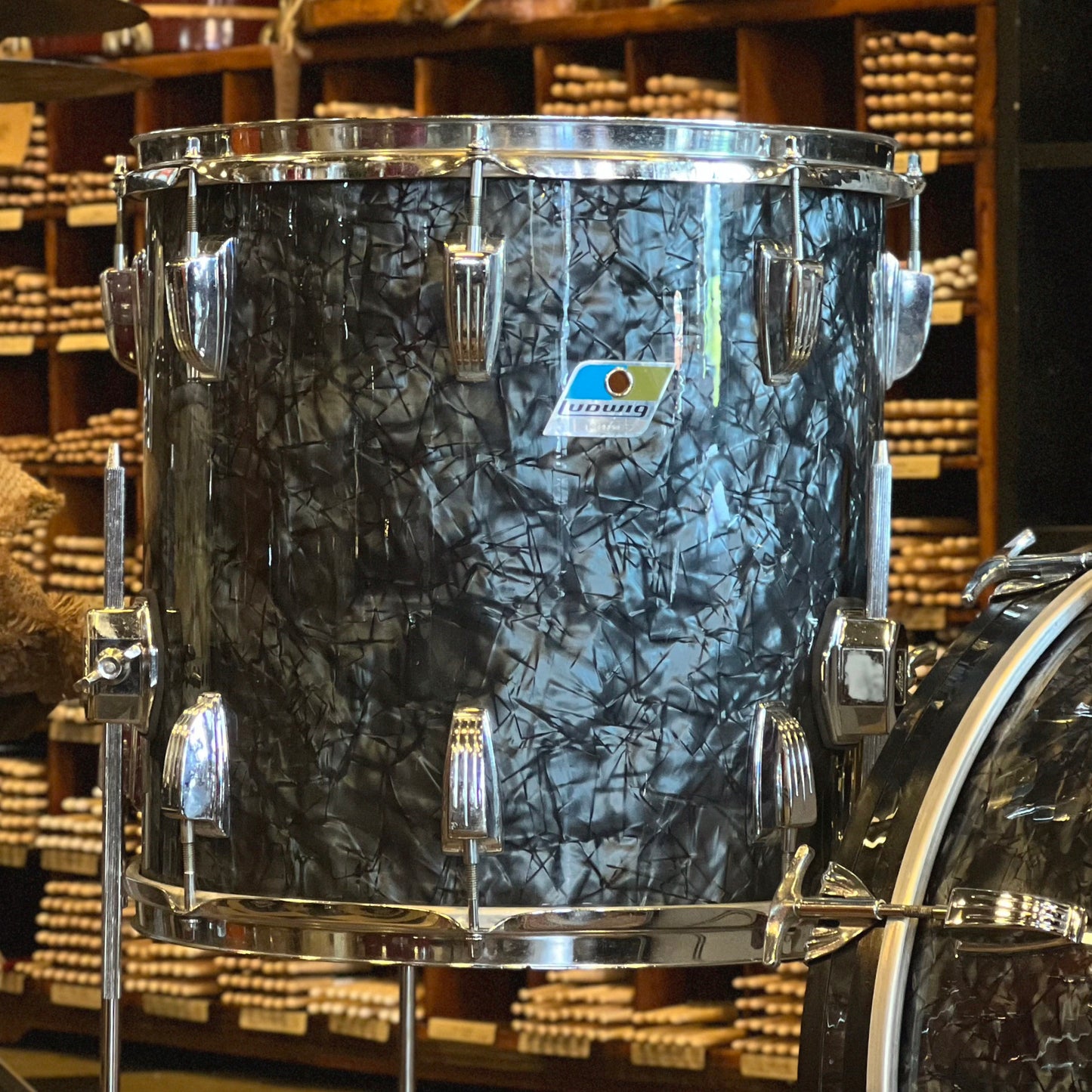 VINTAGE 1970 Ludwig Blue & Olive Badge Downbeat Outfit in Black Diamond Pearl - 14x20, 8x12, 14x14