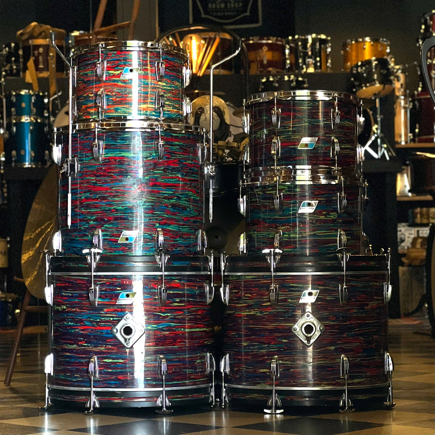 VINTAGE 1970's Ludwig Psychedelic Red Double Bass Outfit - 14x20, 14x20, 9x13, 9x13, 10x14, 16x18
