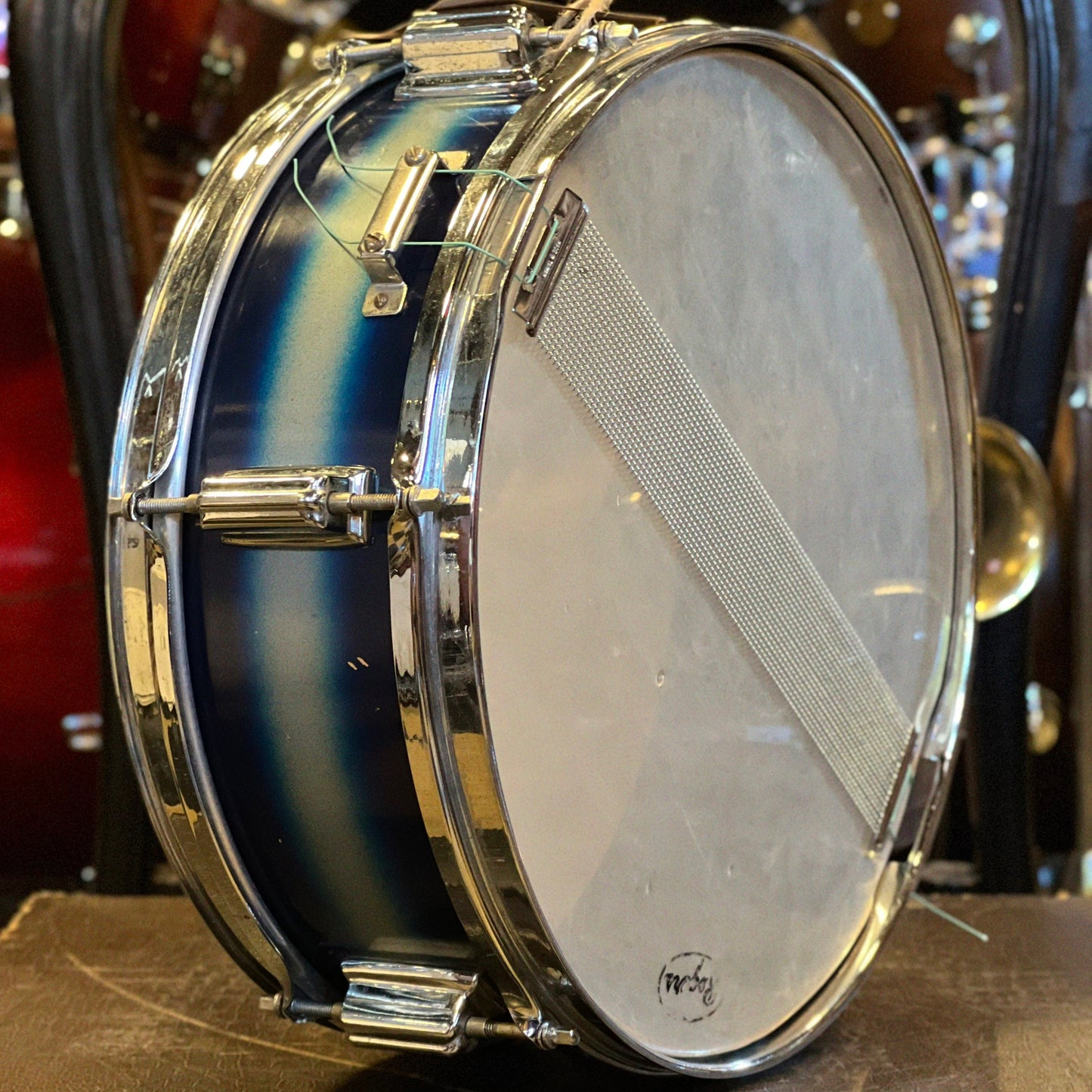VINTAGE 1960's Rogers 5x14 Luxor 6-Lug Snare Drum in Blue & Silver Duco