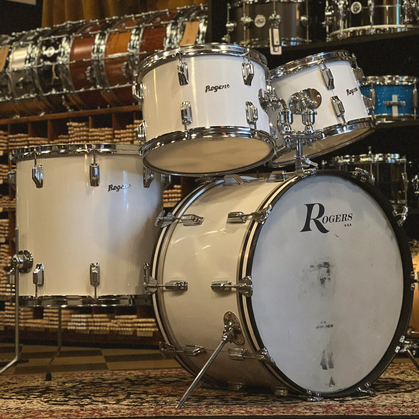 VINTAGE 1970's Rogers Fullerton Era Four Piece Drum Set in New England White - 14x22, 8x12, 9x13, 16x16
