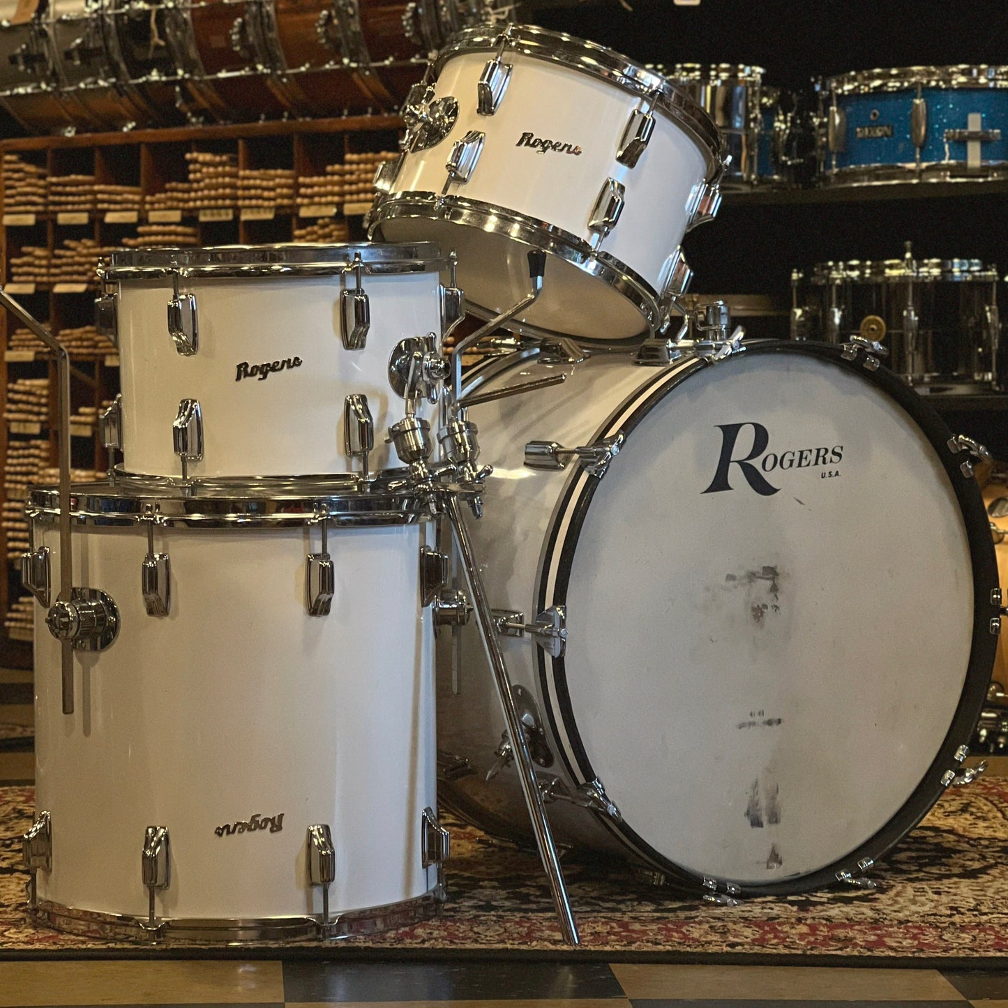 VINTAGE 1970's Rogers Fullerton Era Four Piece Drum Set in New England White - 14x22, 8x12, 9x13, 16x16
