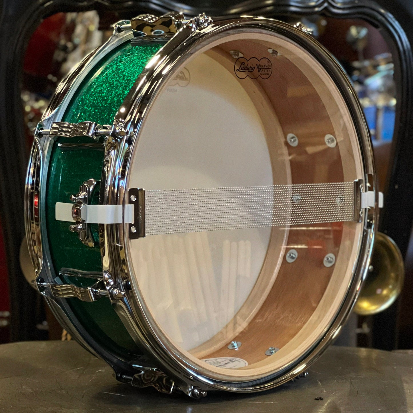 NEW Ludwig 5x14 Legacy Mahogany Snare Drum in Green Sparkle