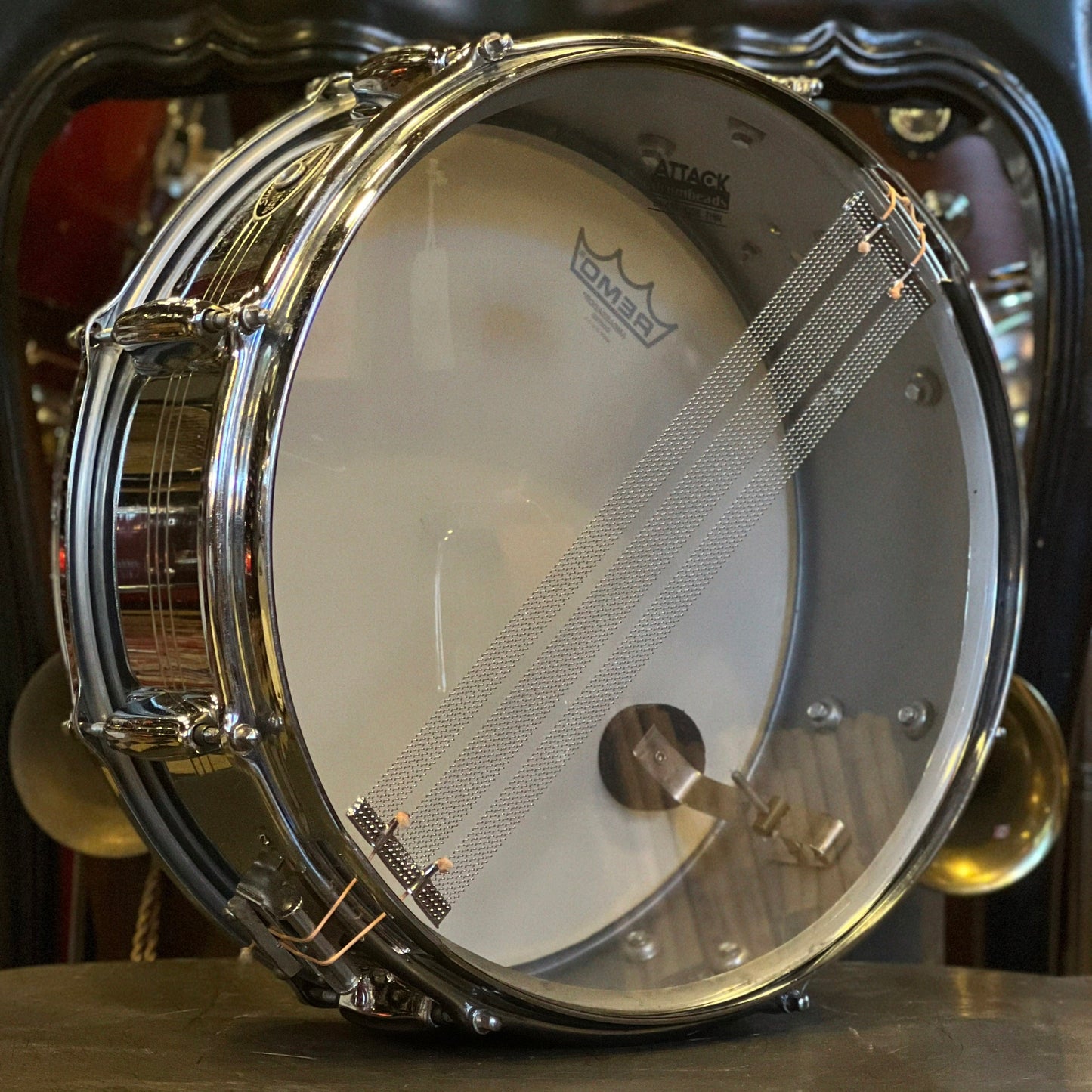 VINTAGE 1970's Slingerland 5x14 No. 130 Gene Krupa Chrome over Brass Sound King Snare Drum
