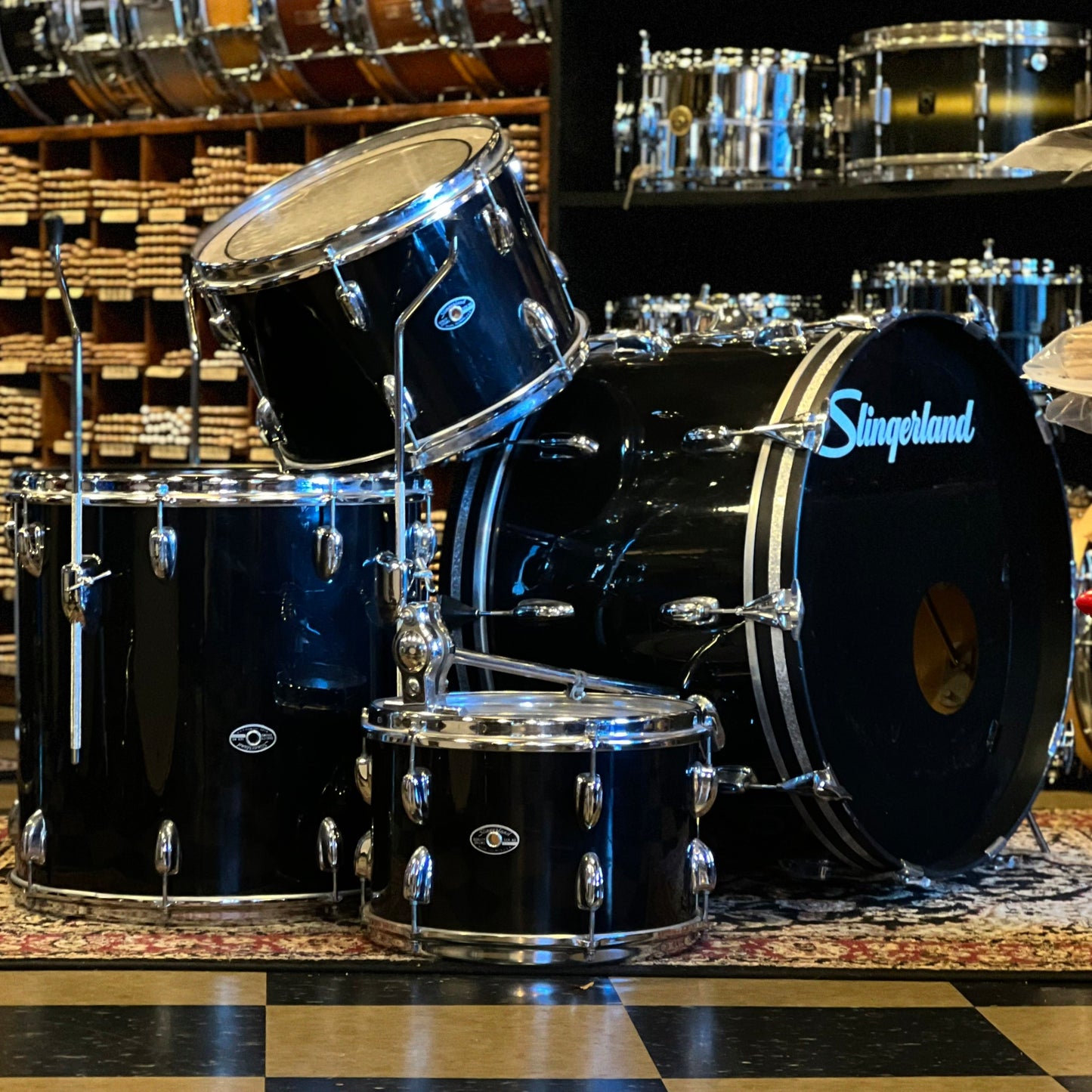 VINTAGE 1970's Slingerland Drum Set in Black Wrap - 14x22, 8x12, 9x13, 16x16