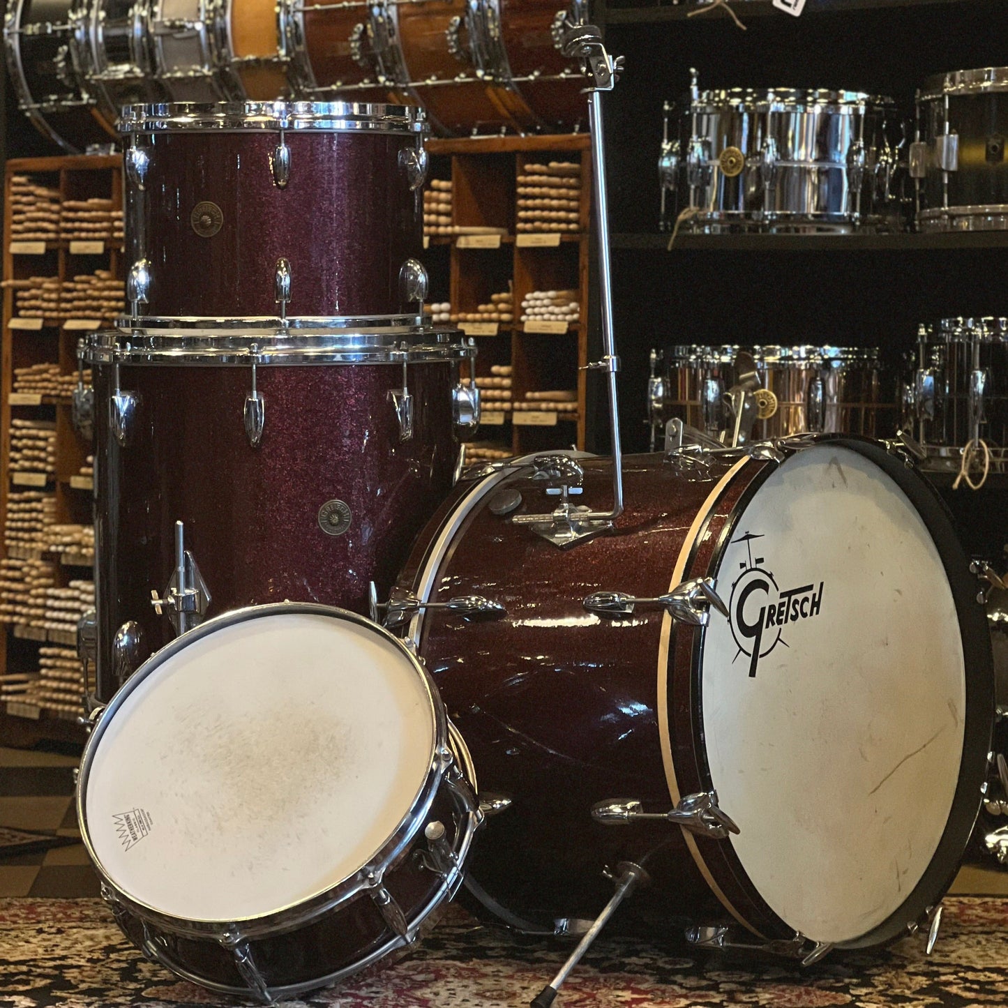 VINTAGE 1960's Gretsch Round Badge "Name Band" Outfit in Burgundy Sparkle Rewrap - 14x20, 9x13, 16x16, & 5x14