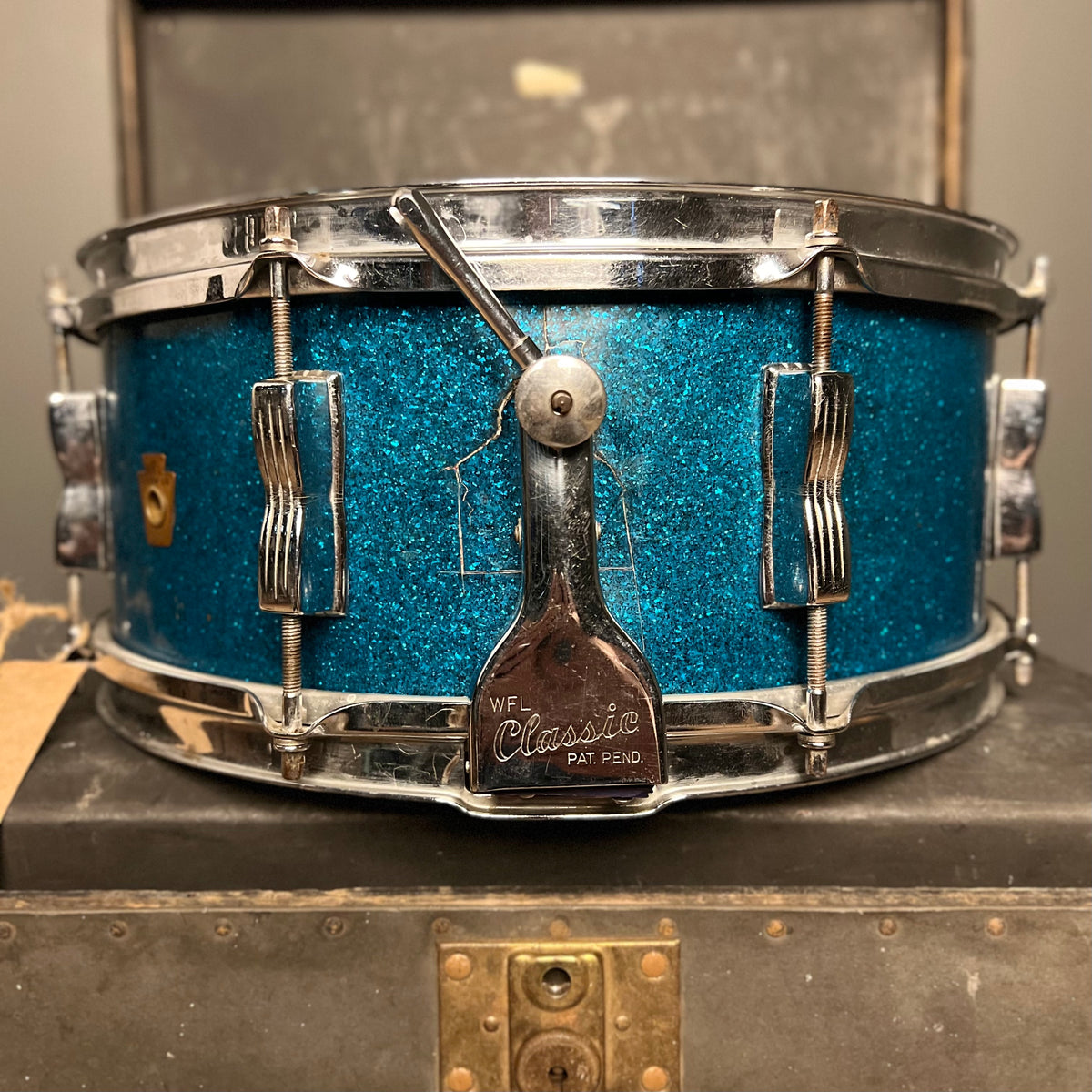 VINTAGE 1950's WFL 5.5x14 Super Classic Snare Drum in Blue Sparkle