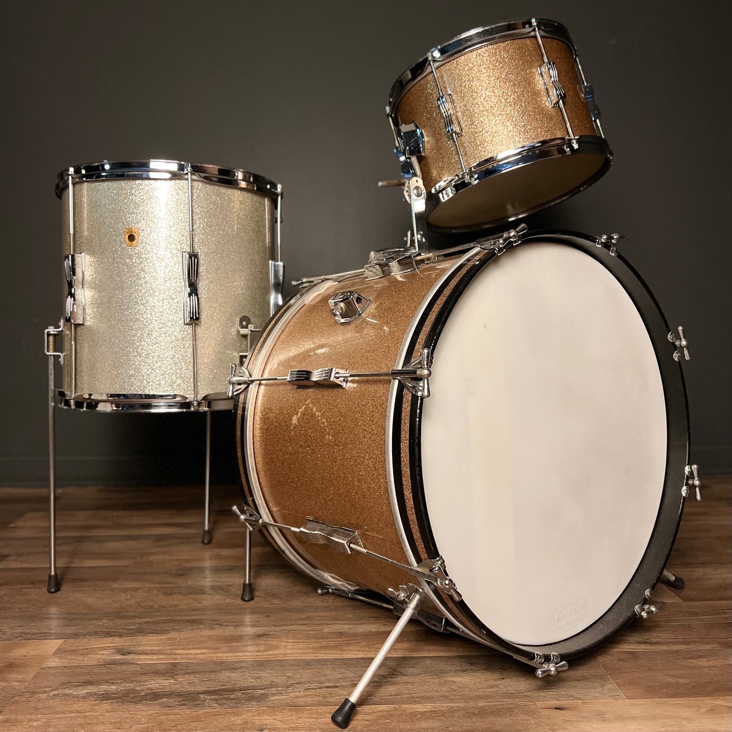 VINTAGE 1960's Ludwig Club Date in Champagne Sparkle w/ Silver Sparkle Floor Tom - 14x20, 8x12, 14x14
