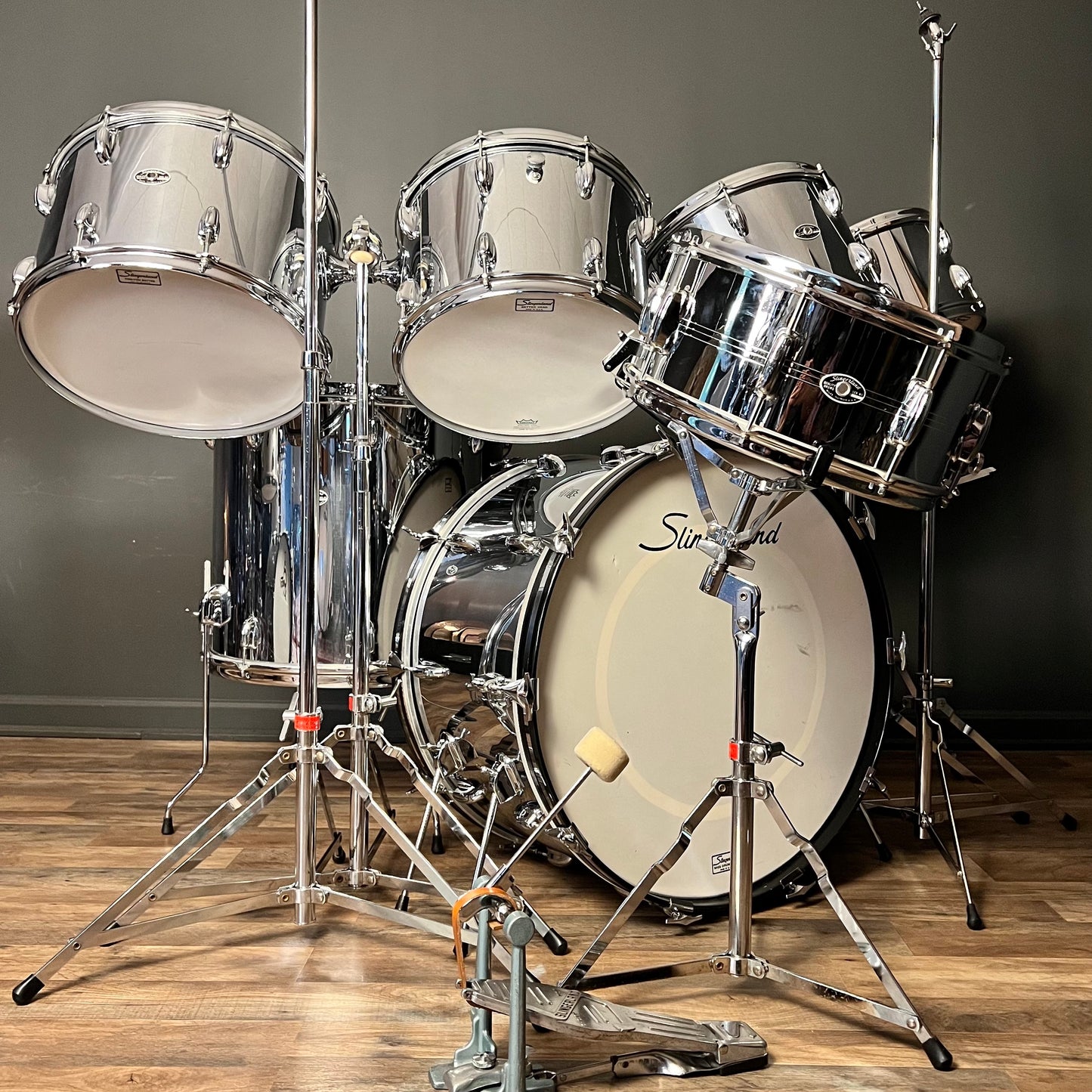 VINTAGE 1976 Slingerland 70N RJB Outfit in Chrome over Wood w/ Chrome over Brass Sound King Snare Drum - 14x24, 8x12, 9x13, 10x14, 10x15, 18x20 & 6.5x14
