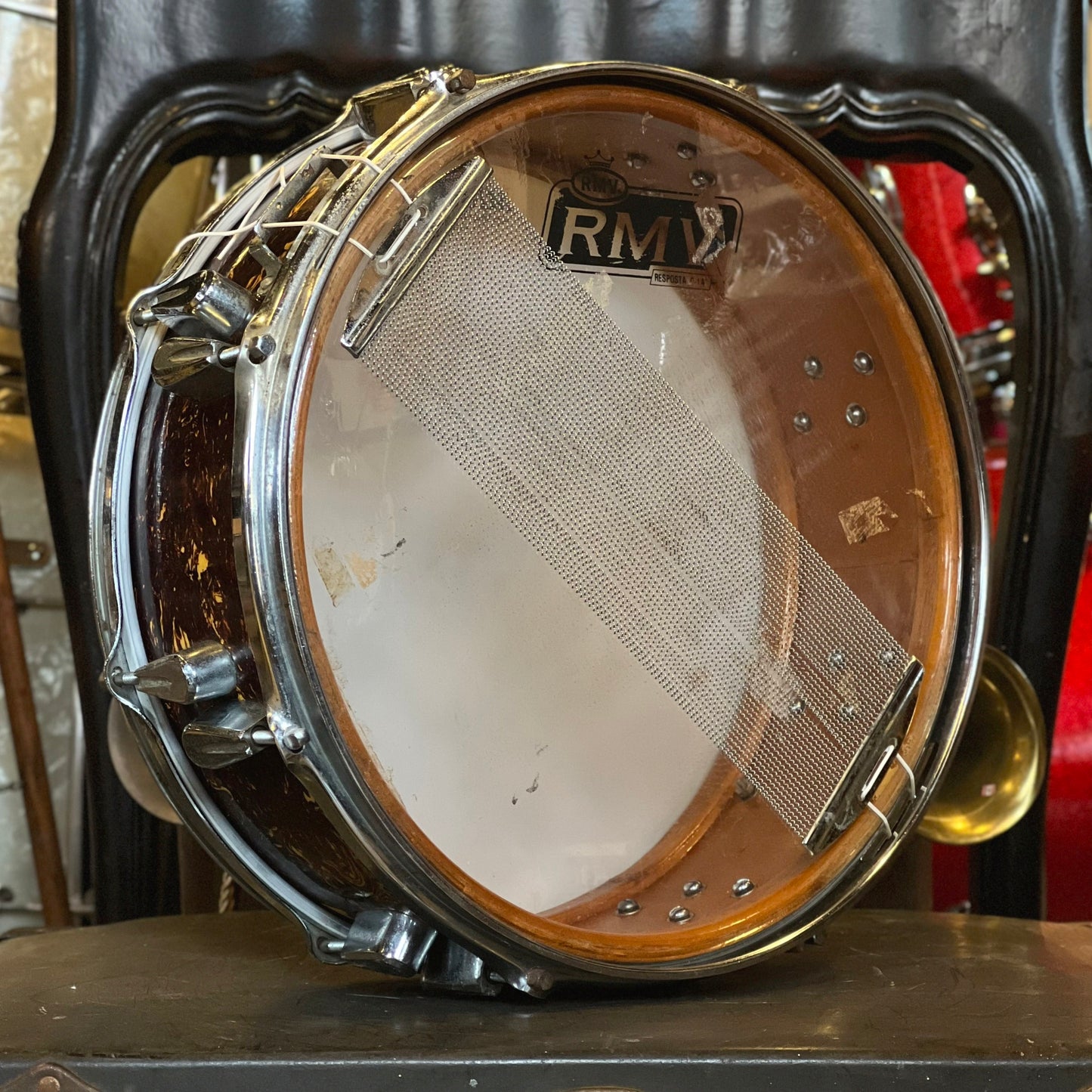 VINTAGE 1960's Metalurgica Roncon 5x14 Snare Drum in Red & Yellow Swirl