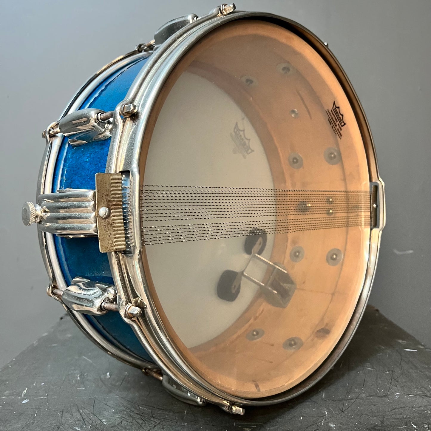 Vintage 1950's Slingerland 5.5x14 Solid Shell Gene Krupa Radio King Snare Drum in Aqua "Blue" Sparkle