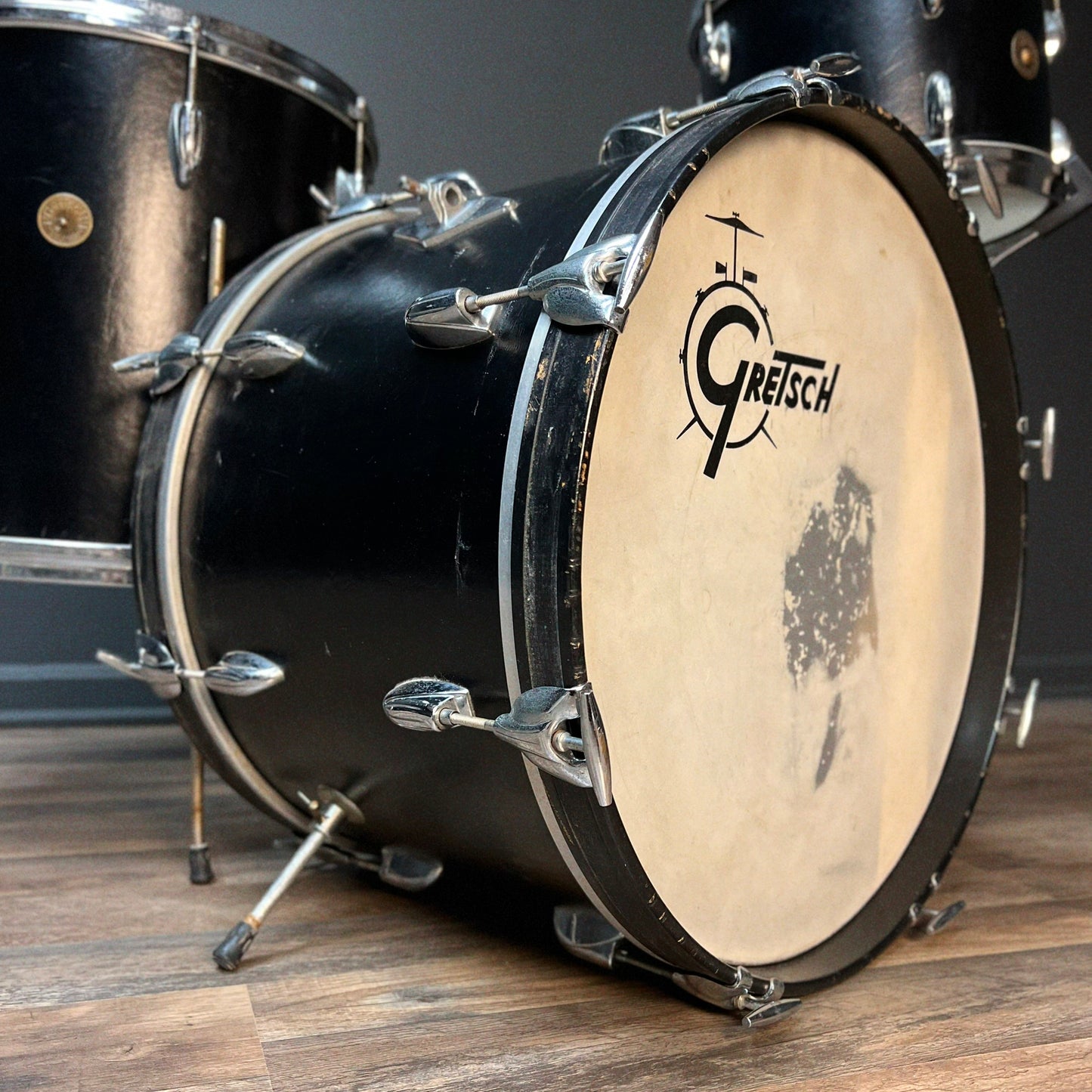 VINTAGE 1960's Gretsch Round Badge Rewrap in Faux Black Leather - 14x20, 8x12, 16x16