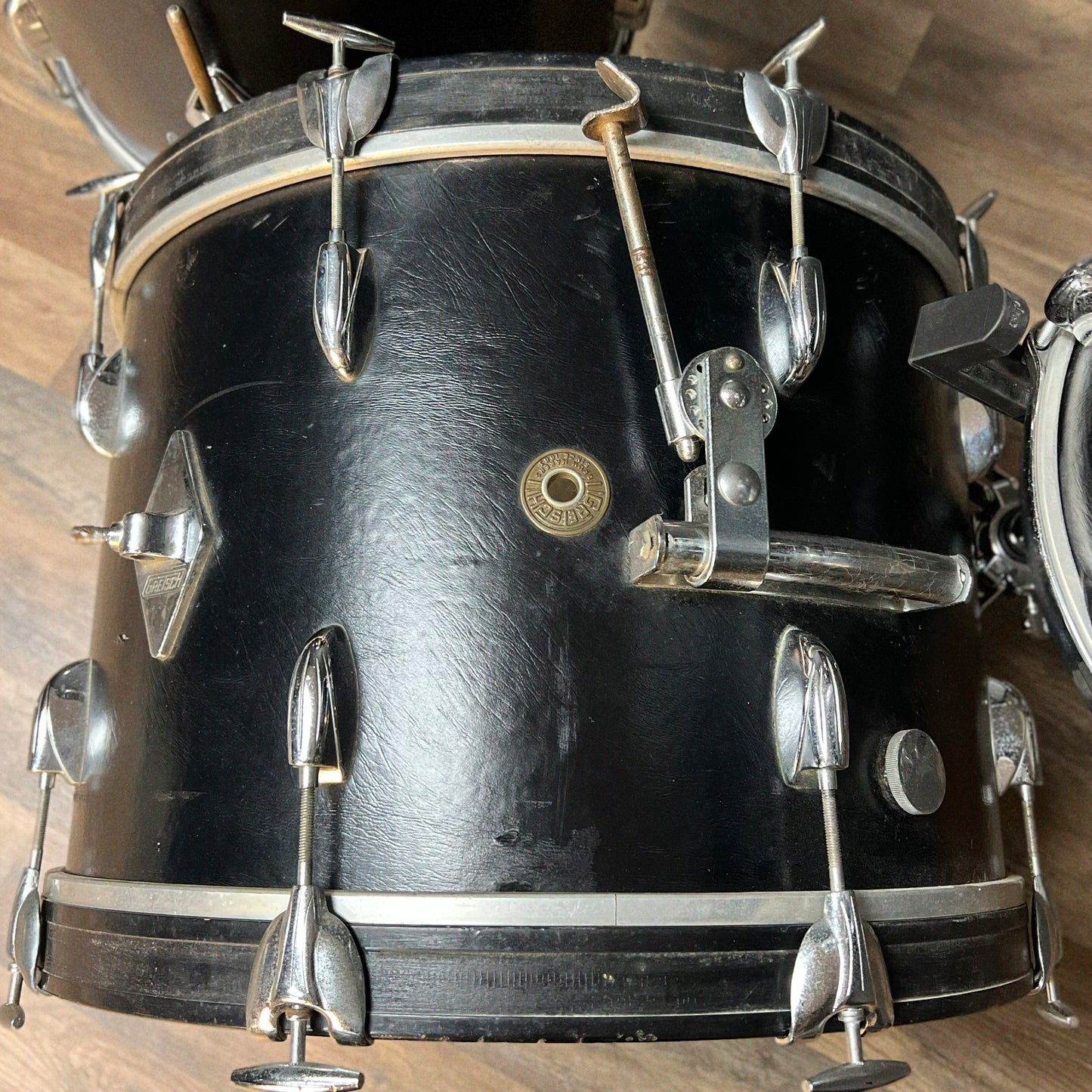VINTAGE 1960's Gretsch Round Badge Rewrap in Faux Black Leather - 14x20, 8x12, 16x16