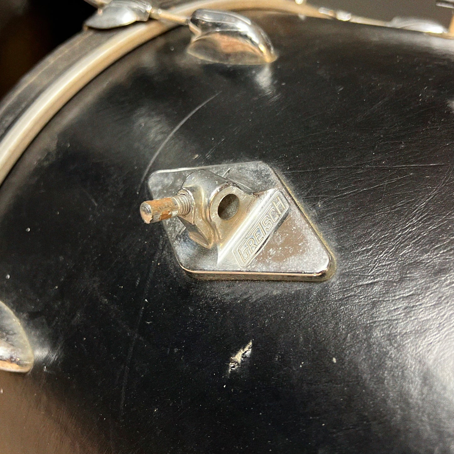 VINTAGE 1960's Gretsch Round Badge Rewrap in Faux Black Leather - 14x20, 8x12, 16x16