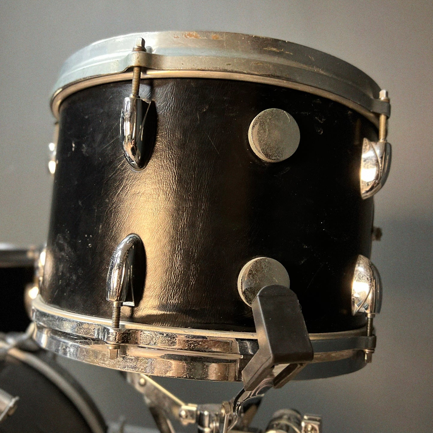 VINTAGE 1960's Gretsch Round Badge Rewrap in Faux Black Leather - 14x20, 8x12, 16x16
