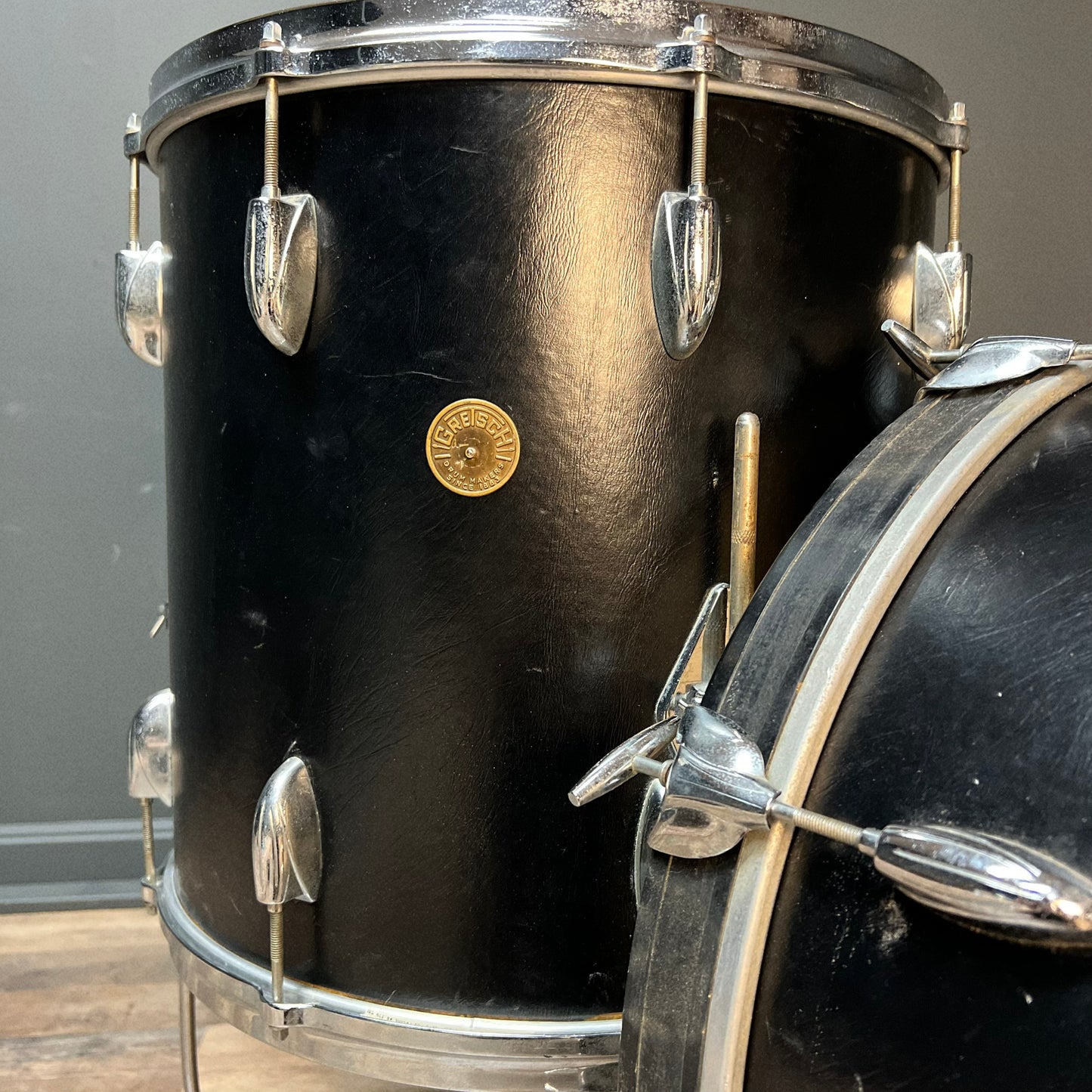 VINTAGE 1960's Gretsch Round Badge Rewrap in Faux Black Leather - 14x20, 8x12, 16x16